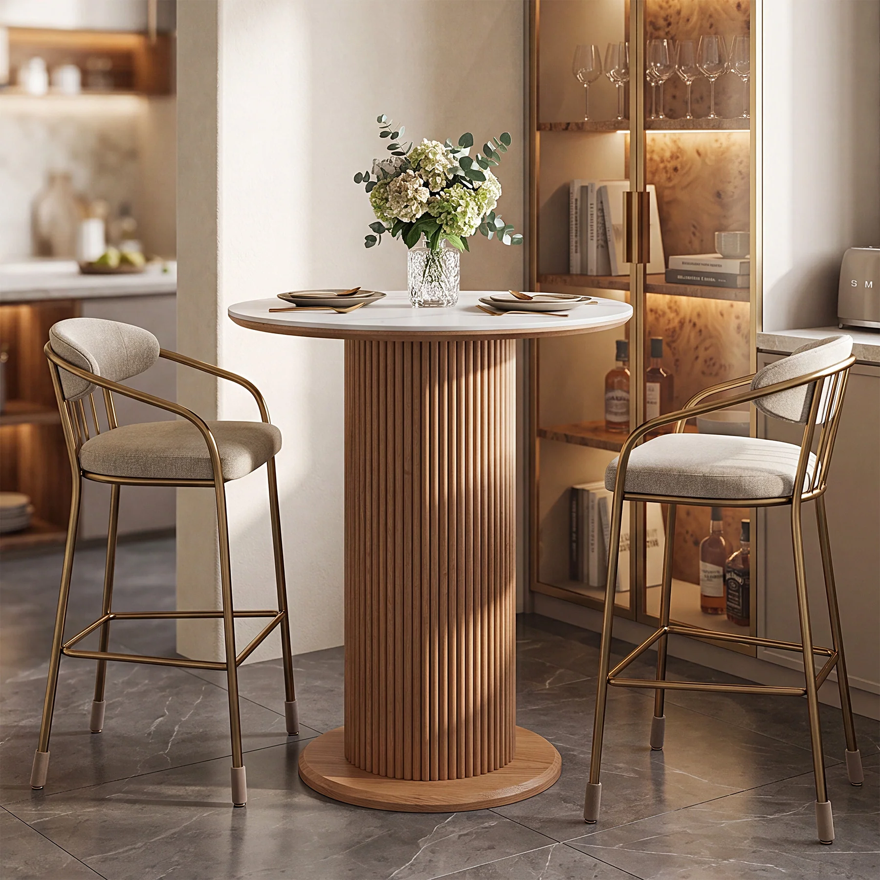 31.5" Round Dining Table, Marble Kitchen Table with Sintered Stone Tabletop & Solid Wood Pedestal - Image 3