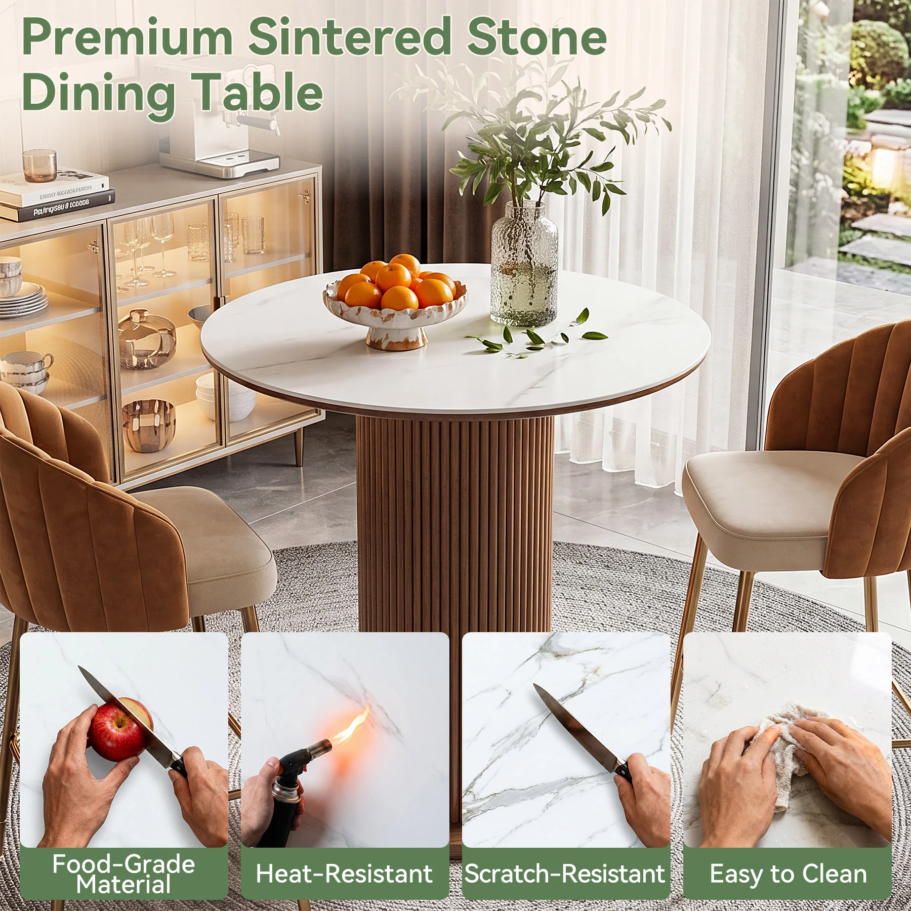 31.5" Round Dining Table, Marble Kitchen Table with Sintered Stone Tabletop & Solid Wood Pedestal - Image 6