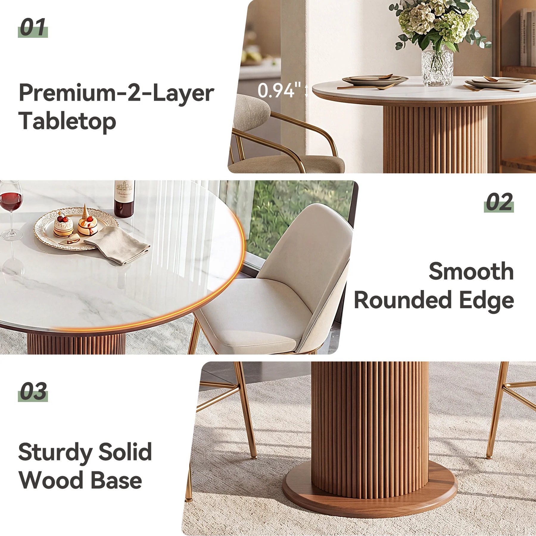 31.5" Round Dining Table, Marble Kitchen Table with Sintered Stone Tabletop & Solid Wood Pedestal - Image 7