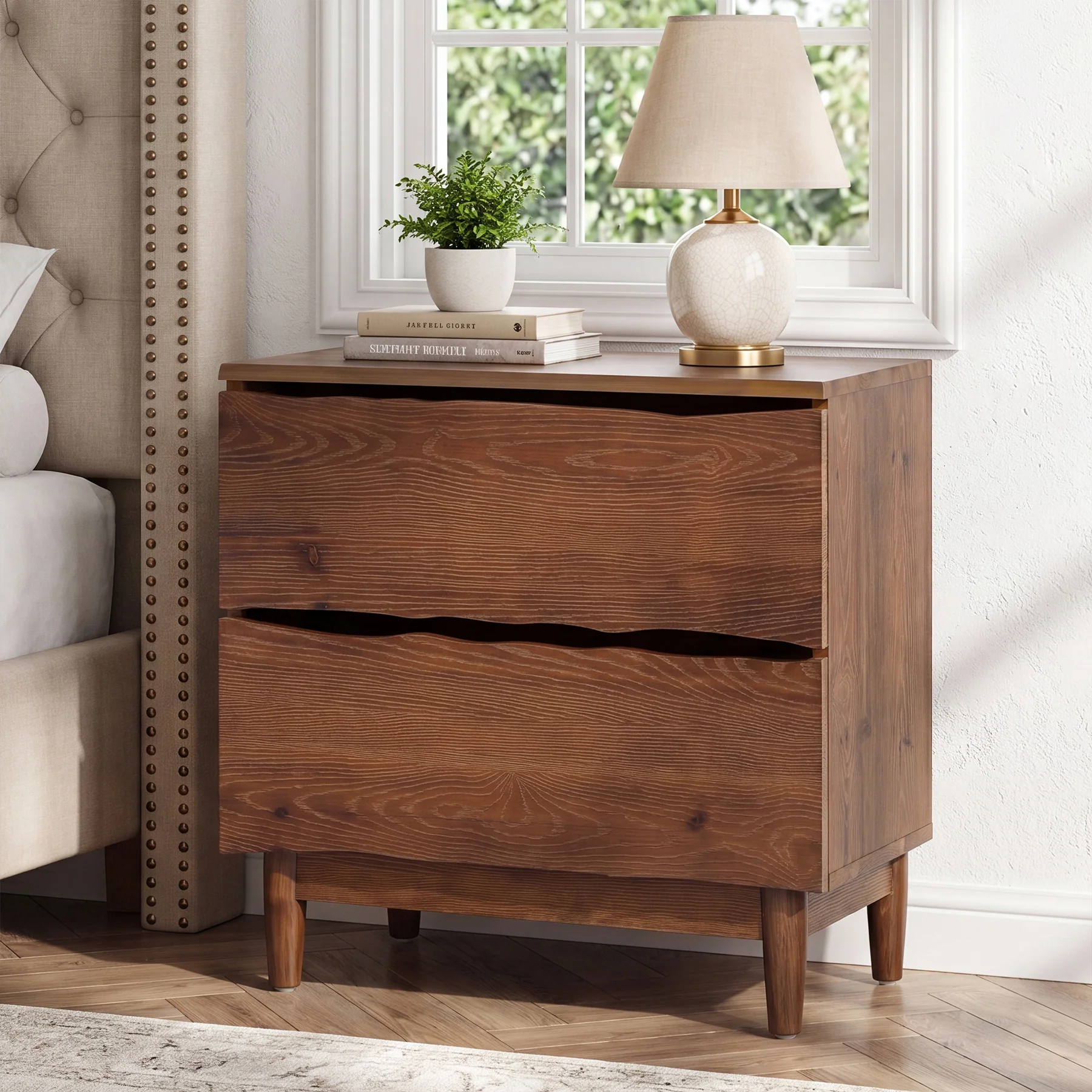 23.6" Solid Wood Nightstand, Mid-Century End Table with 2 Storage Drawers