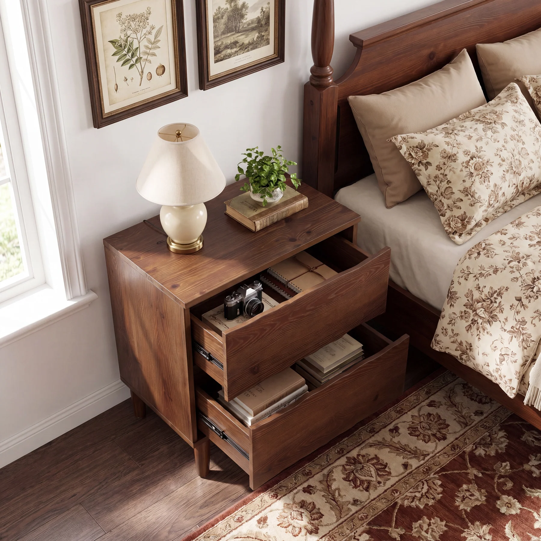23.6" Solid Wood Nightstand, Mid-Century End Table with 2 Storage Drawers - Image 4