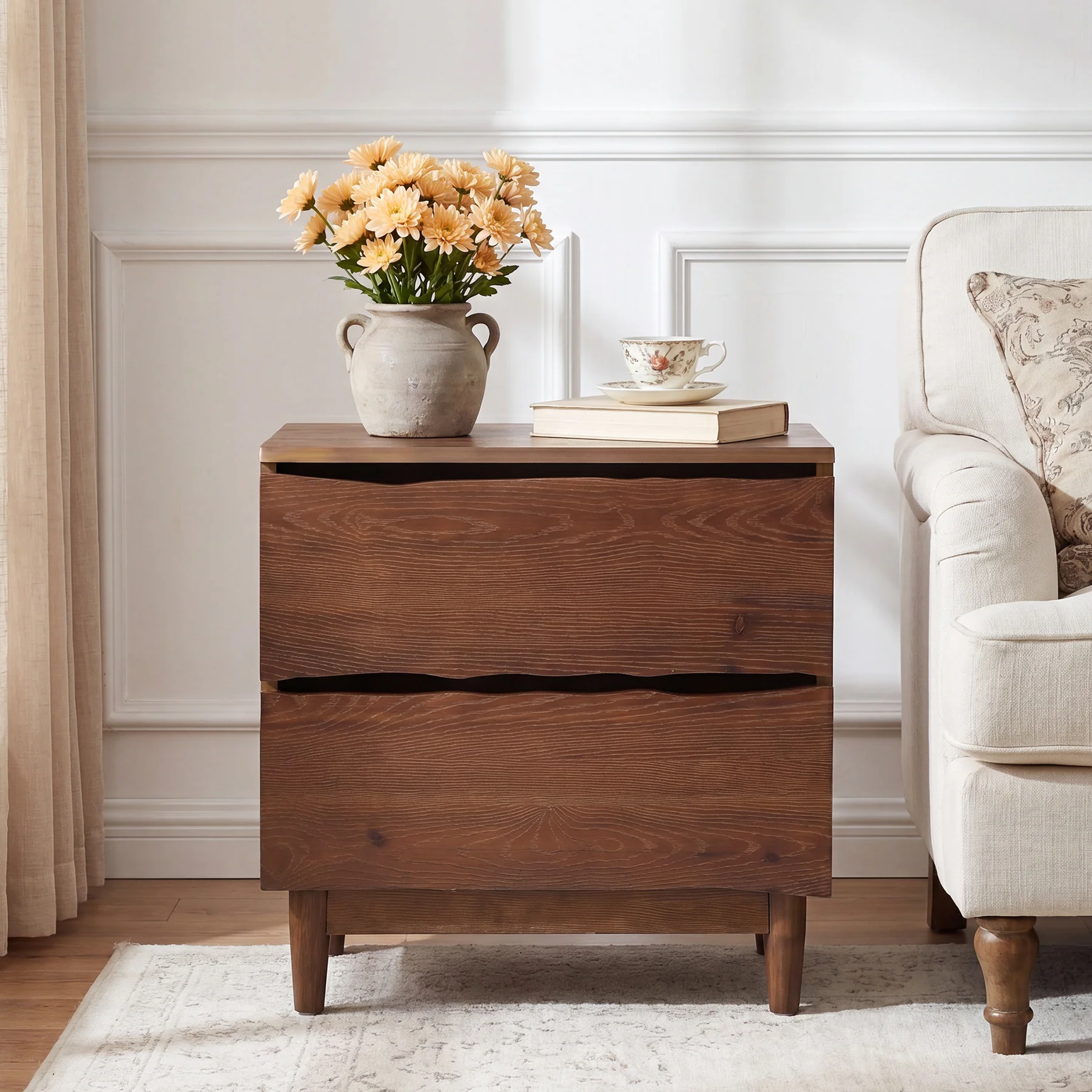 23.6" Solid Wood Nightstand, Mid-Century End Table with 2 Storage Drawers - Image 5
