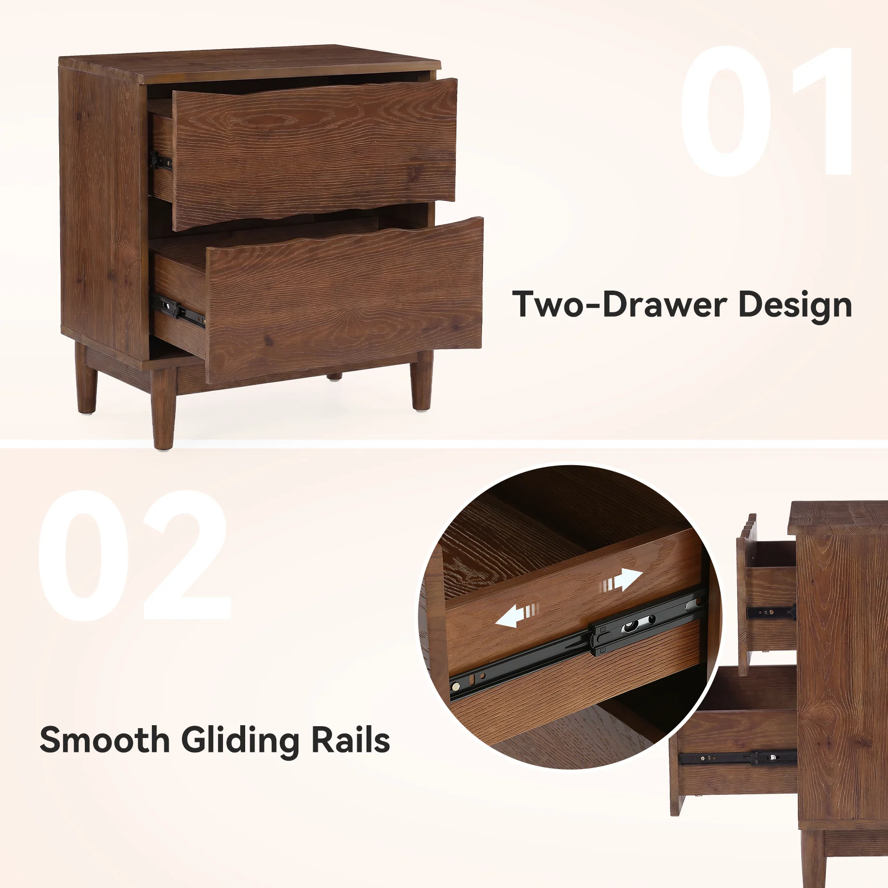 23.6" Solid Wood Nightstand, Mid-Century End Table with 2 Storage Drawers - Image 7