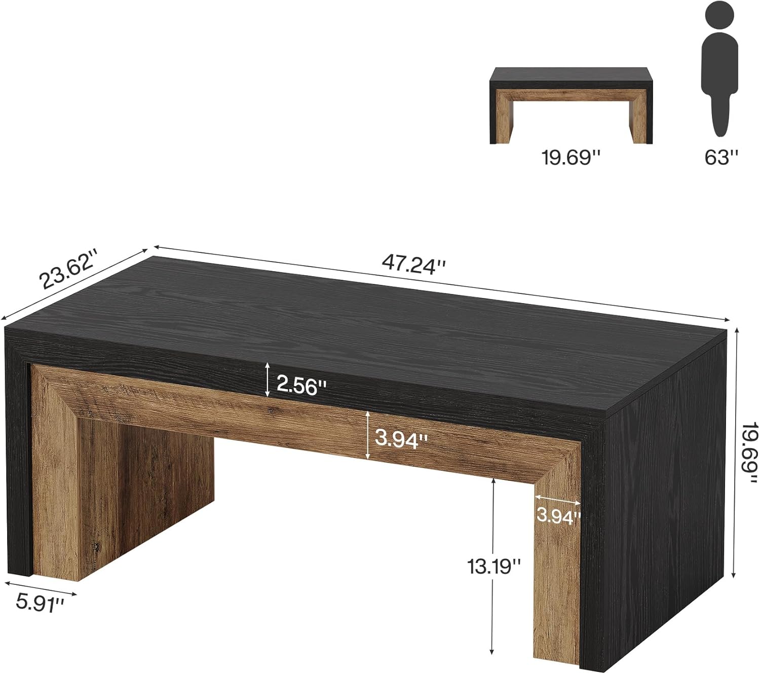 47.2" Coffee Table, Mid-Century Modern Accent Center Table with Sturdy Base - Image 2