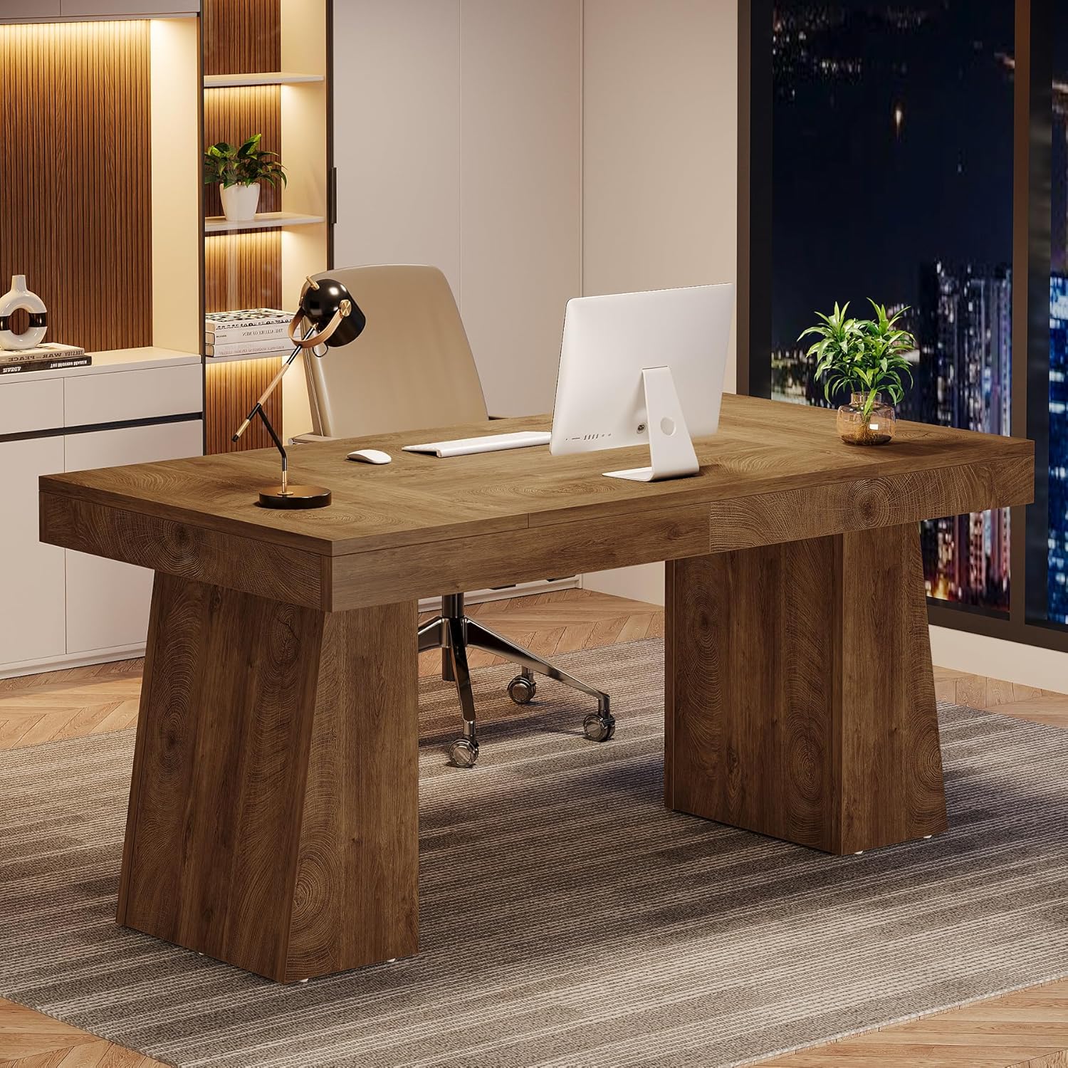 55" Executive Desk, Mid-Century Modern Home Office Computer Desk Workstation - Image 5