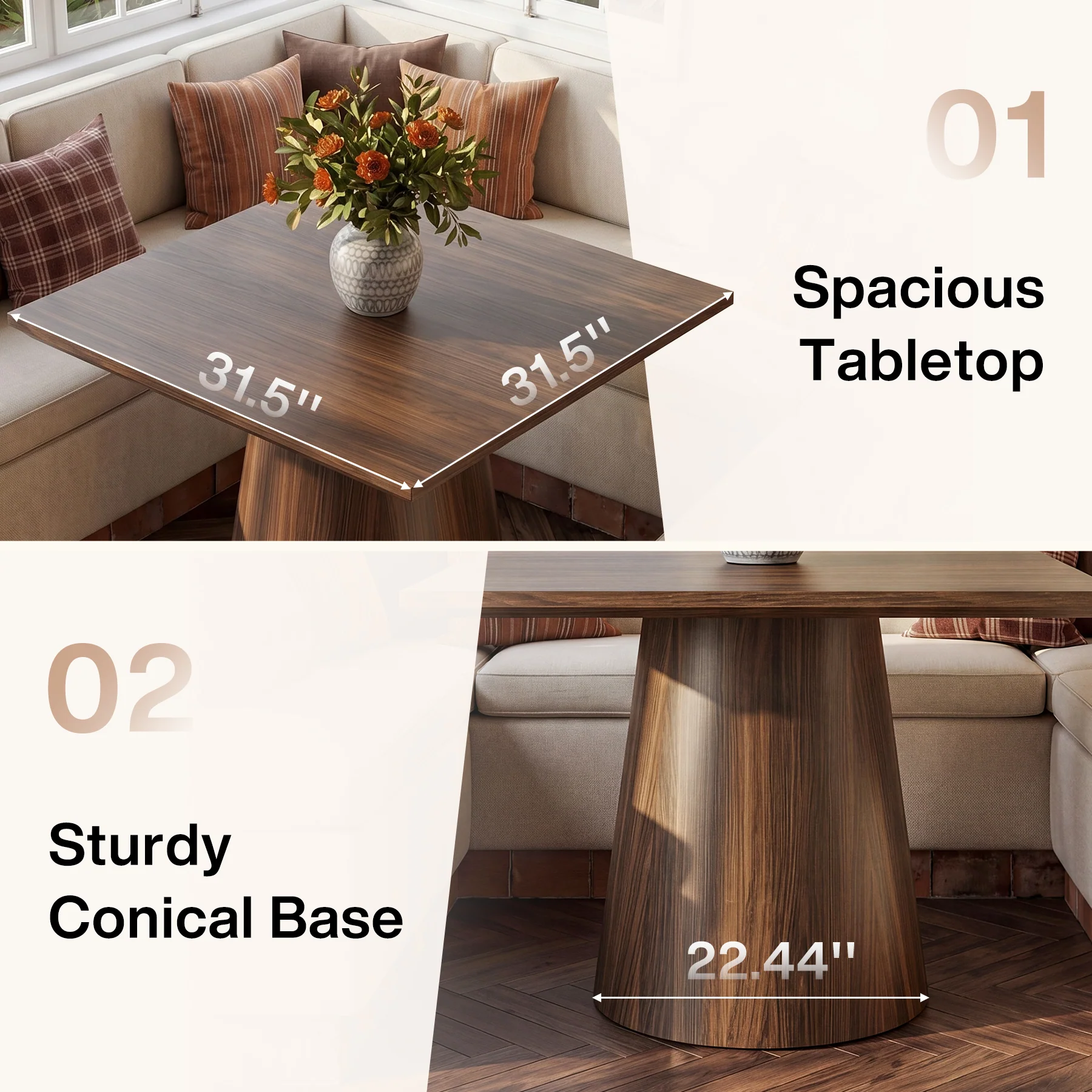 31.5" Square Dining Table, Mid-Century Modern Kitchen Table with Pedestal Base - Image 6