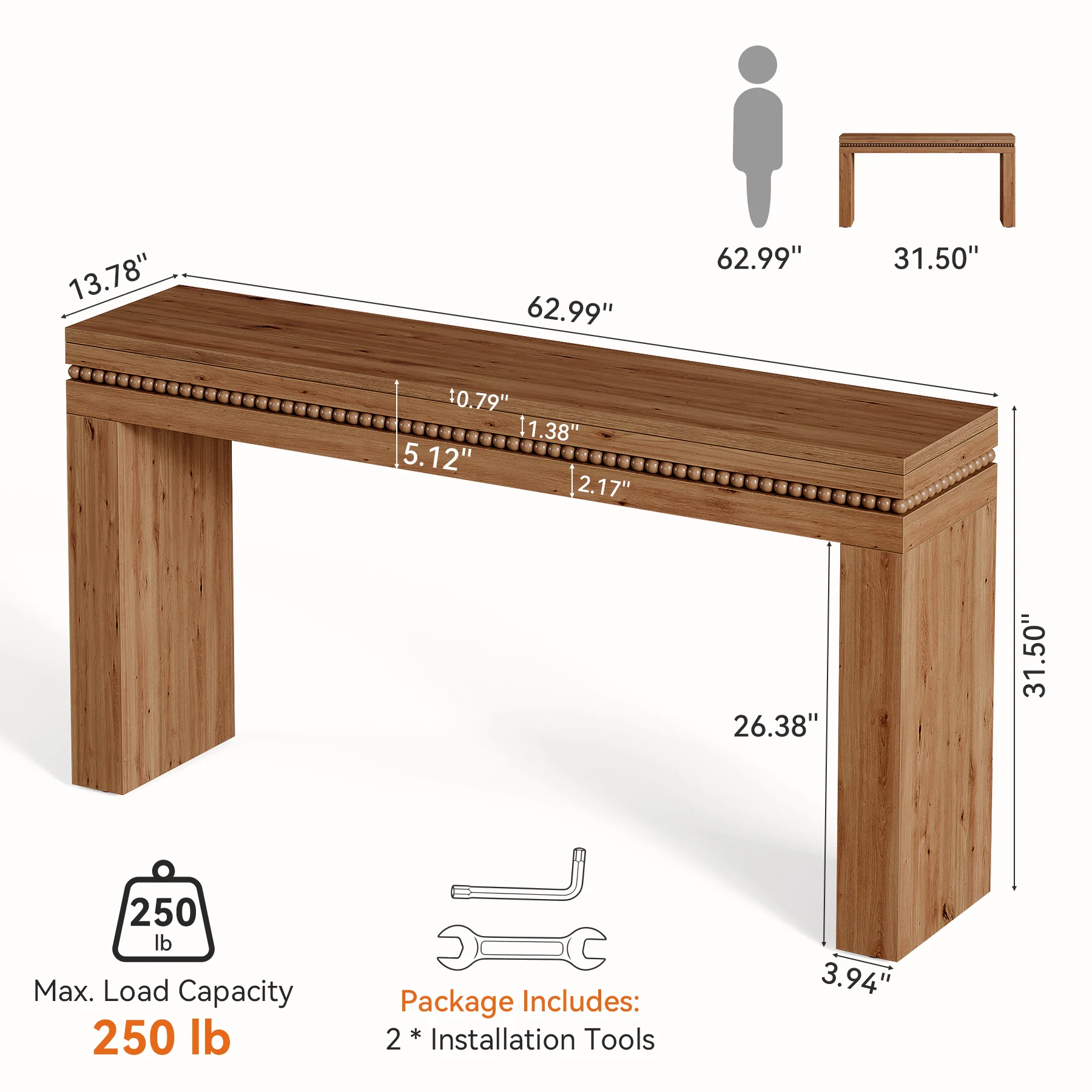 63" Solid Wood Console Table, Mid-Century Sofa Table Behind the Couch for Hallway Foyer - Image 2