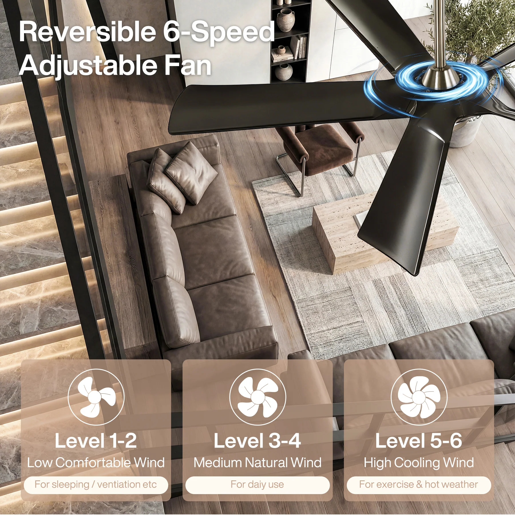 52" Ceiling Fan, Modern 5-Blade Dimmable LED Reversible Fan Light for Living Room - Image 7