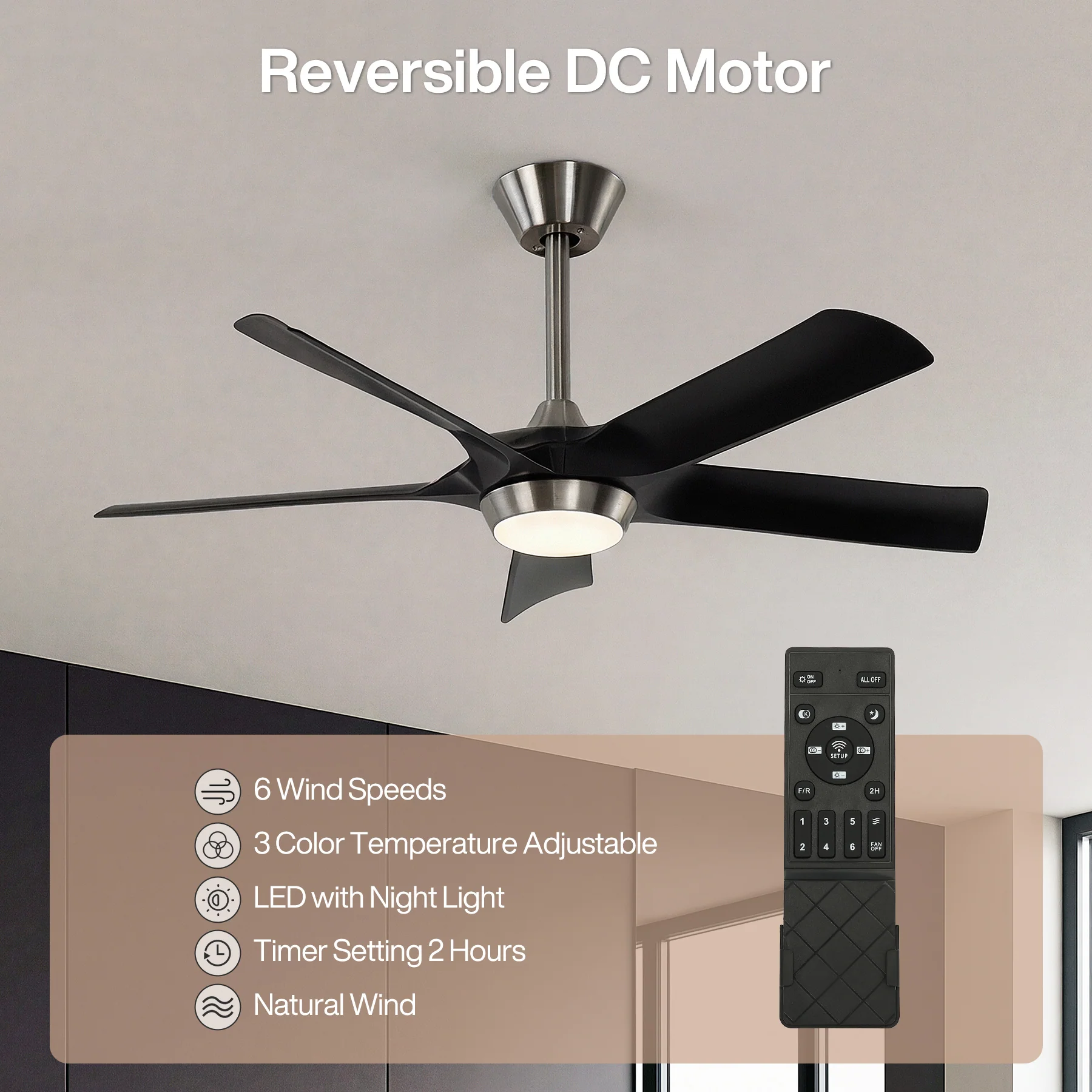 52" Ceiling Fan, Modern 5-Blade Dimmable LED Reversible Fan Light for Living Room - Image 9