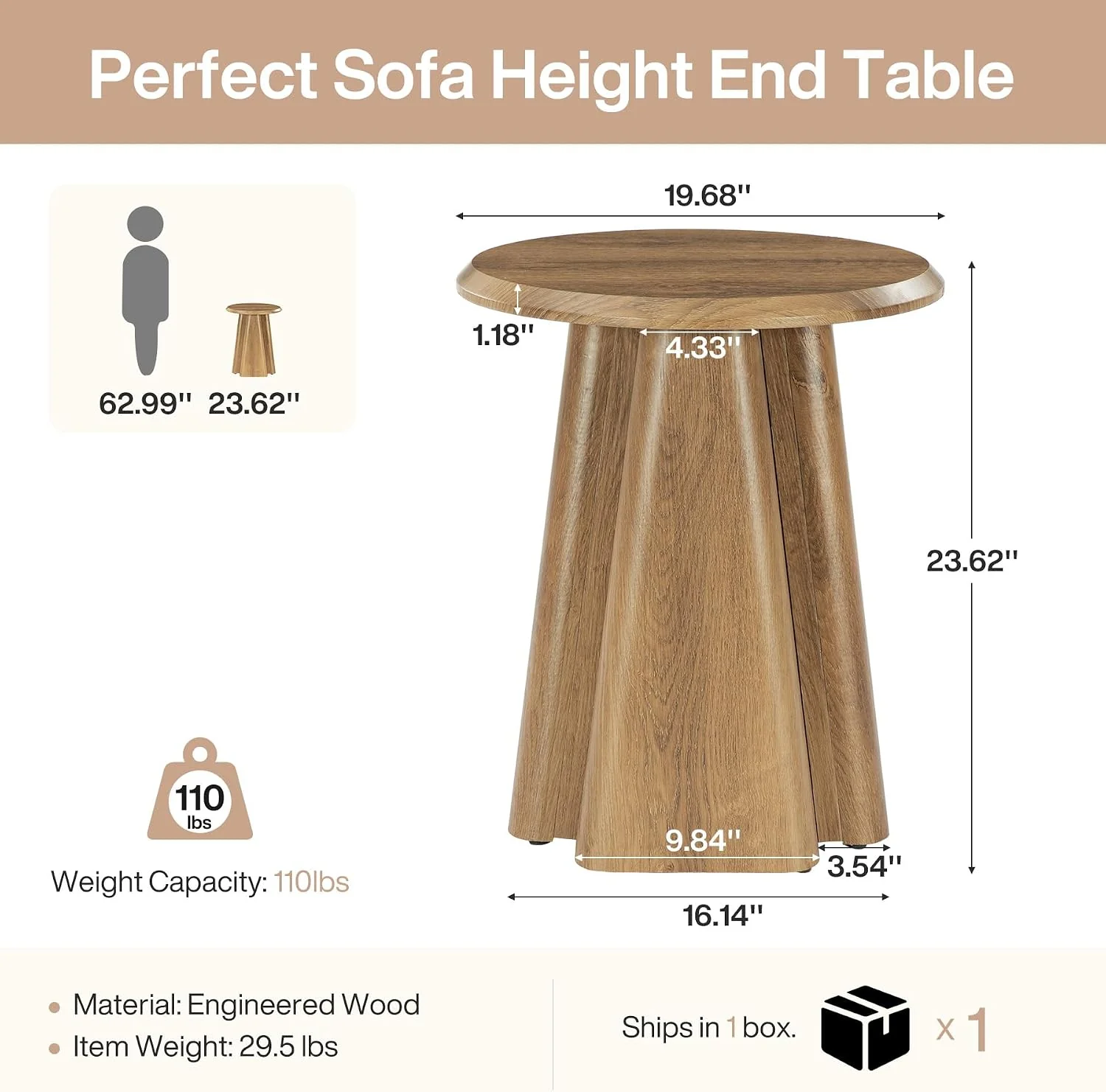23.6" Round End Table, Modern Accent Side Table with Fluted Pedestal Base - Image 2