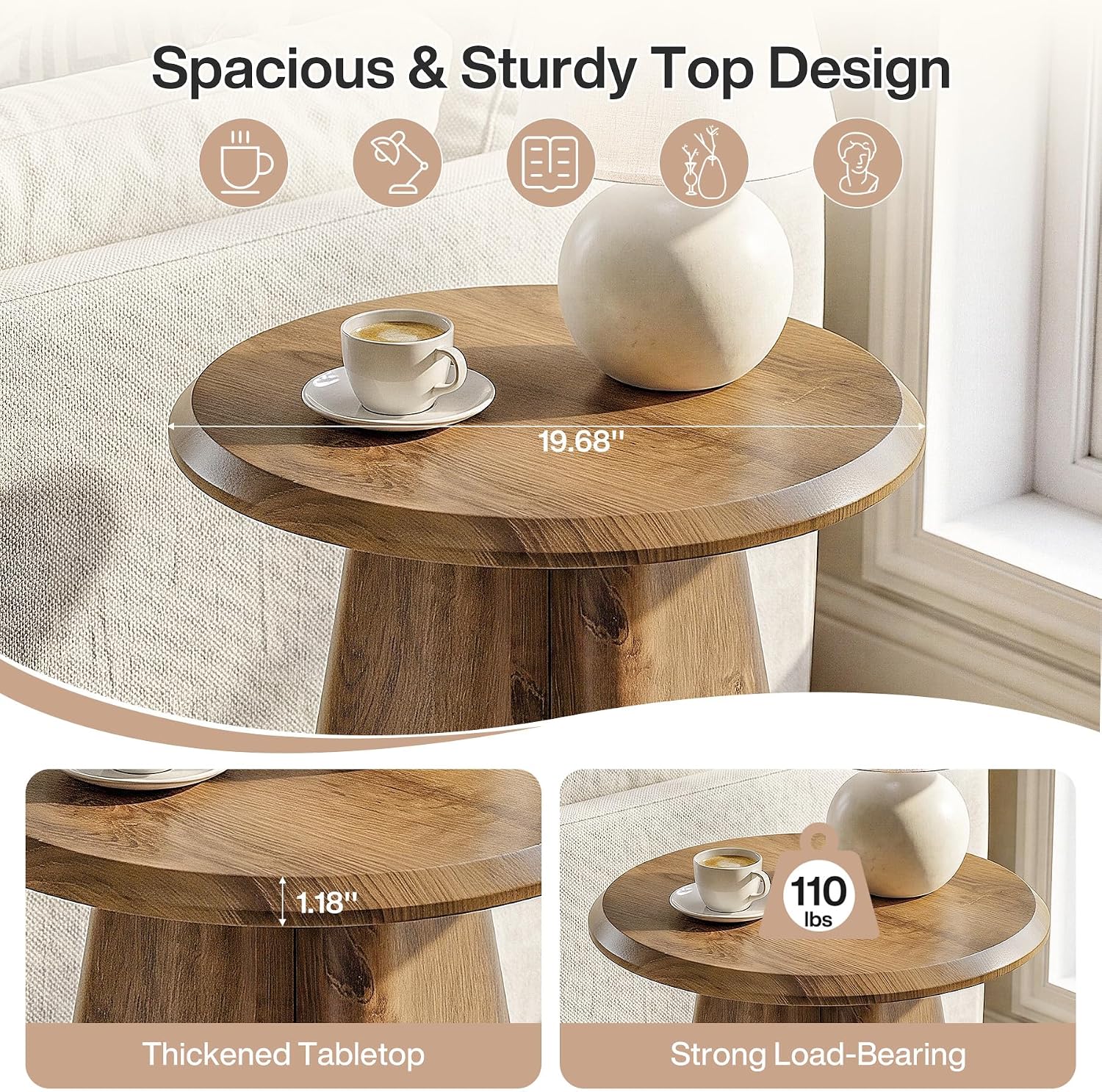 23.6" Round End Table, Modern Accent Side Table with Fluted Pedestal Base - Image 5