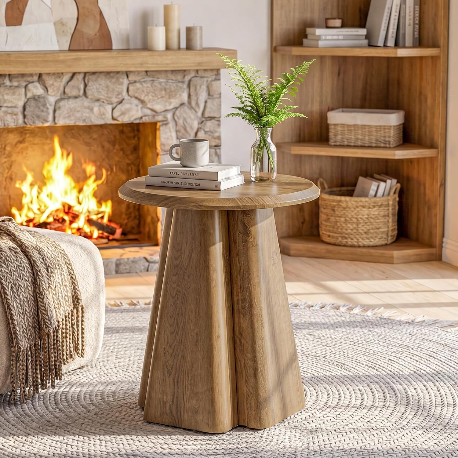 23.6" Round End Table, Modern Accent Side Table with Fluted Pedestal Base - Image 8