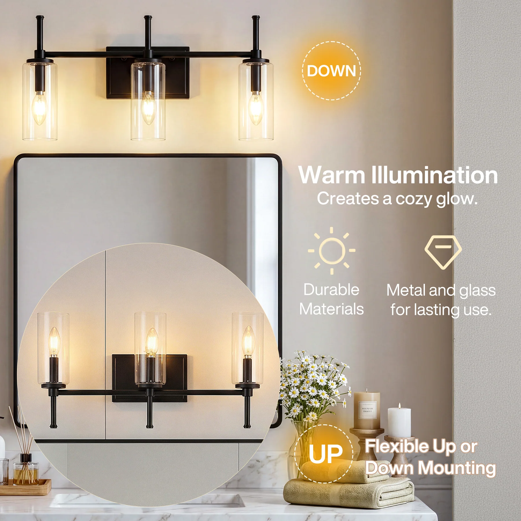 3-Light Vanity Light Fixture, Modern Bathroom Wall Sconce with Clear Glass Shades - Image 10