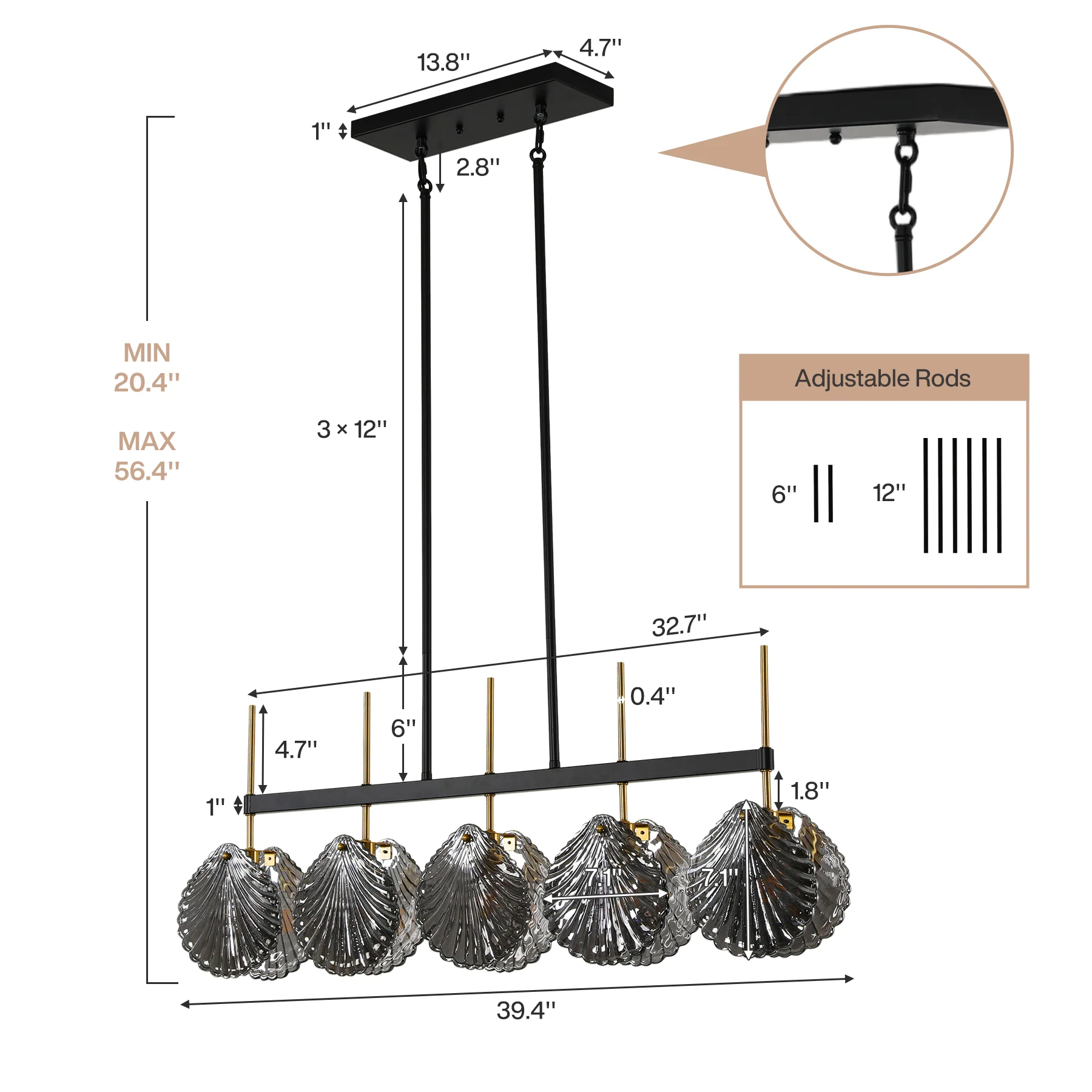 5-light Linear Chandelier, Modern Ceiling Lighting With Smoky Gray Glass Shades For Dining Room - Image 2