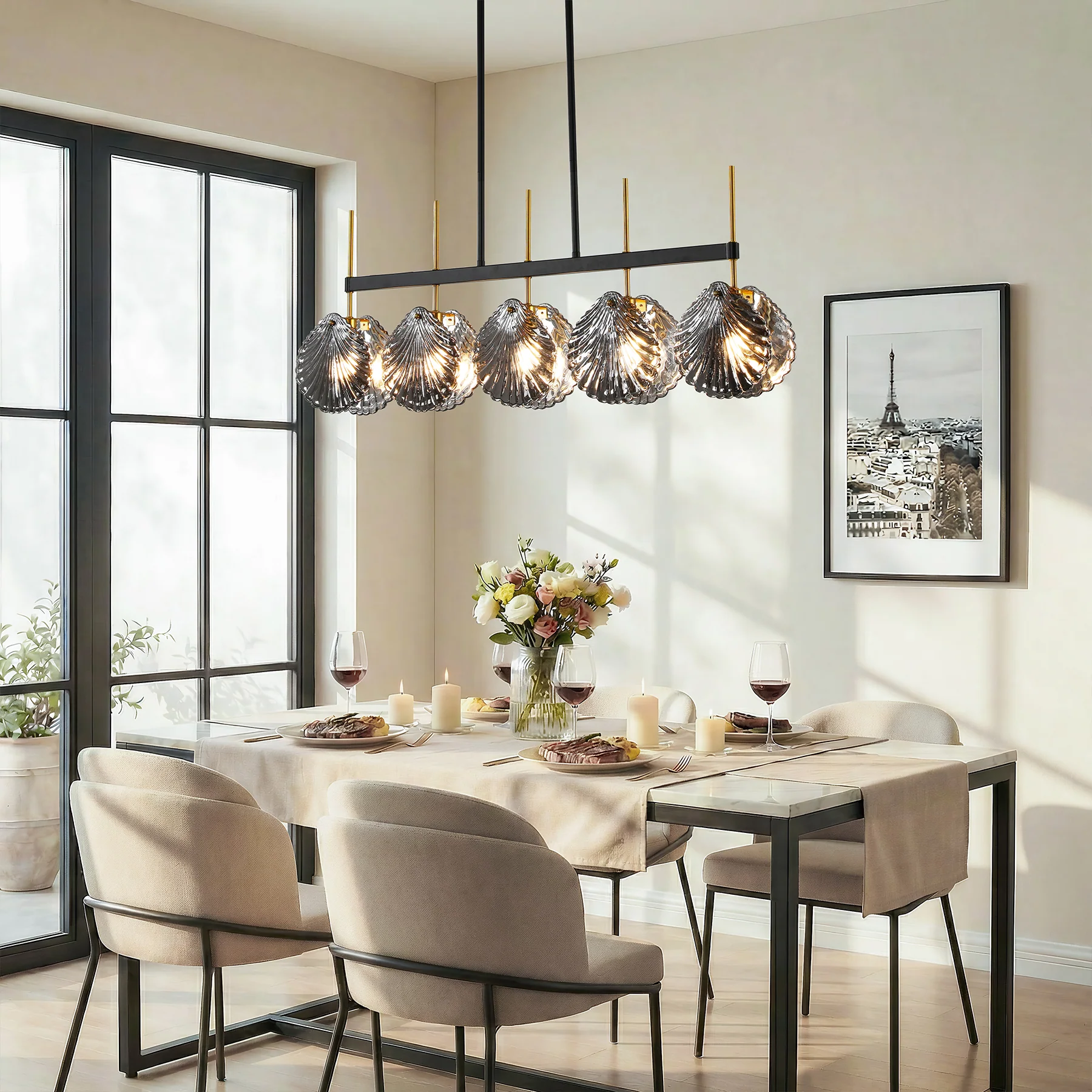 5-light Linear Chandelier, Modern Ceiling Lighting With Smoky Gray Glass Shades For Dining Room - Image 3