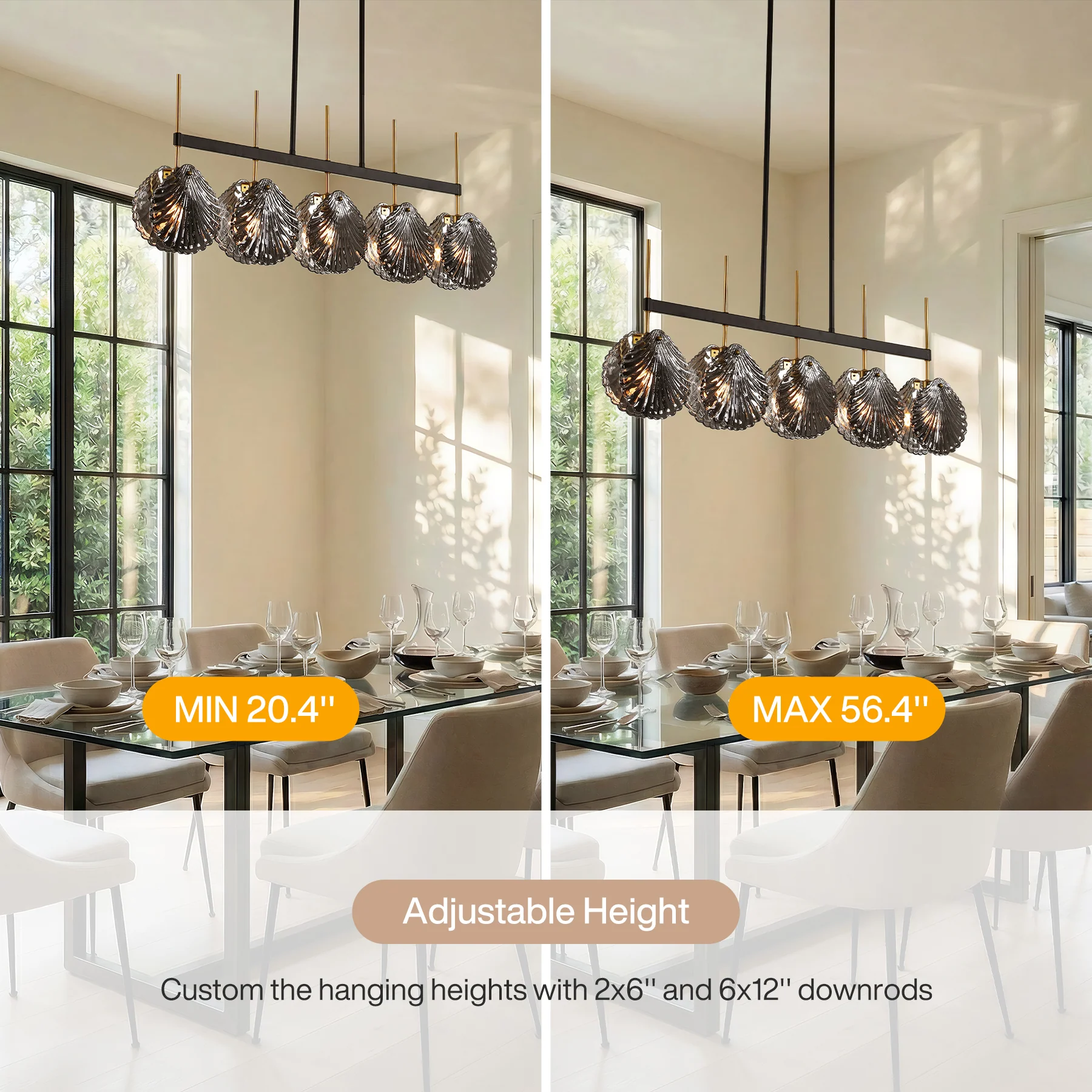 5-light Linear Chandelier, Modern Ceiling Lighting With Smoky Gray Glass Shades For Dining Room - Image 5