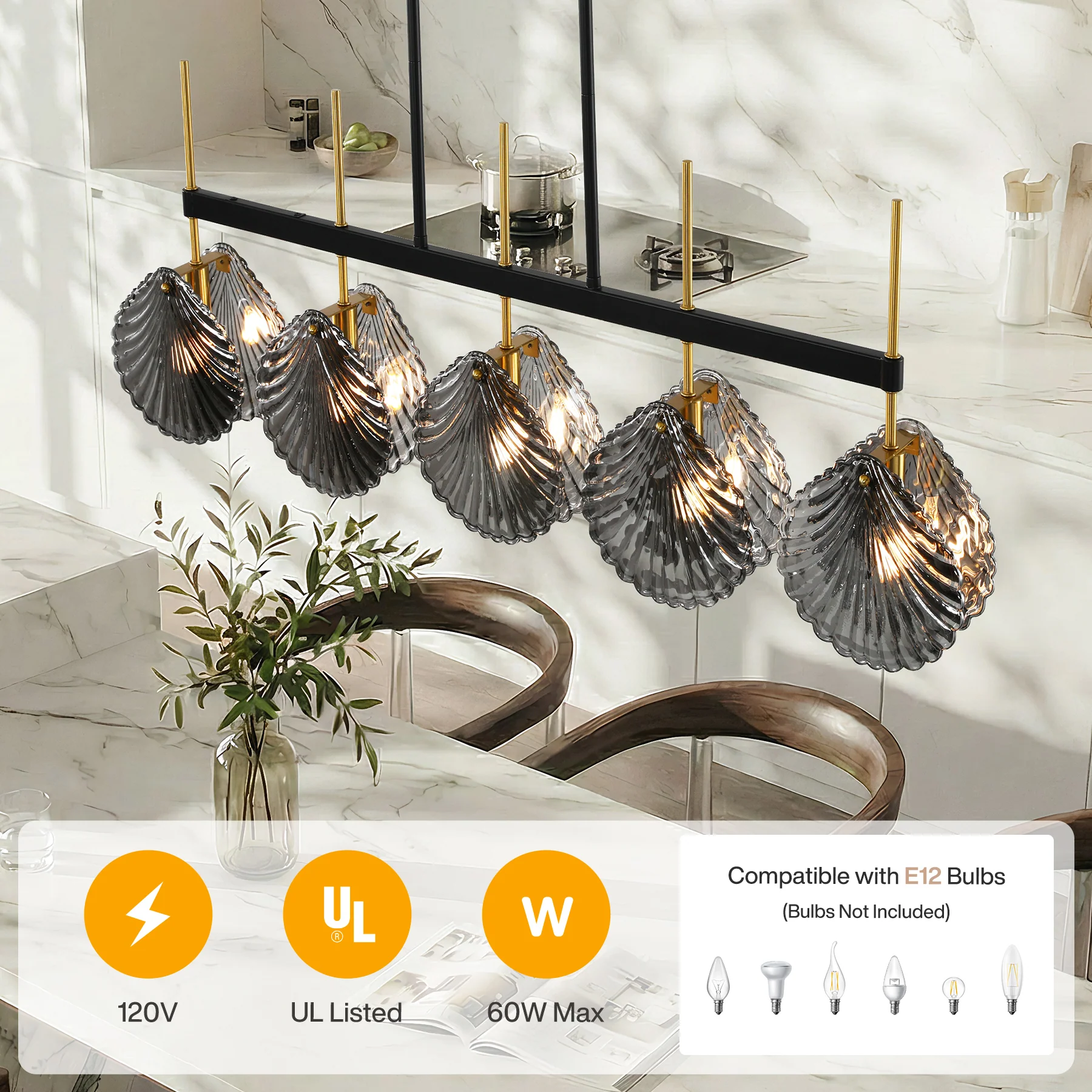 5-light Linear Chandelier, Modern Ceiling Lighting With Smoky Gray Glass Shades For Dining Room - Image 8