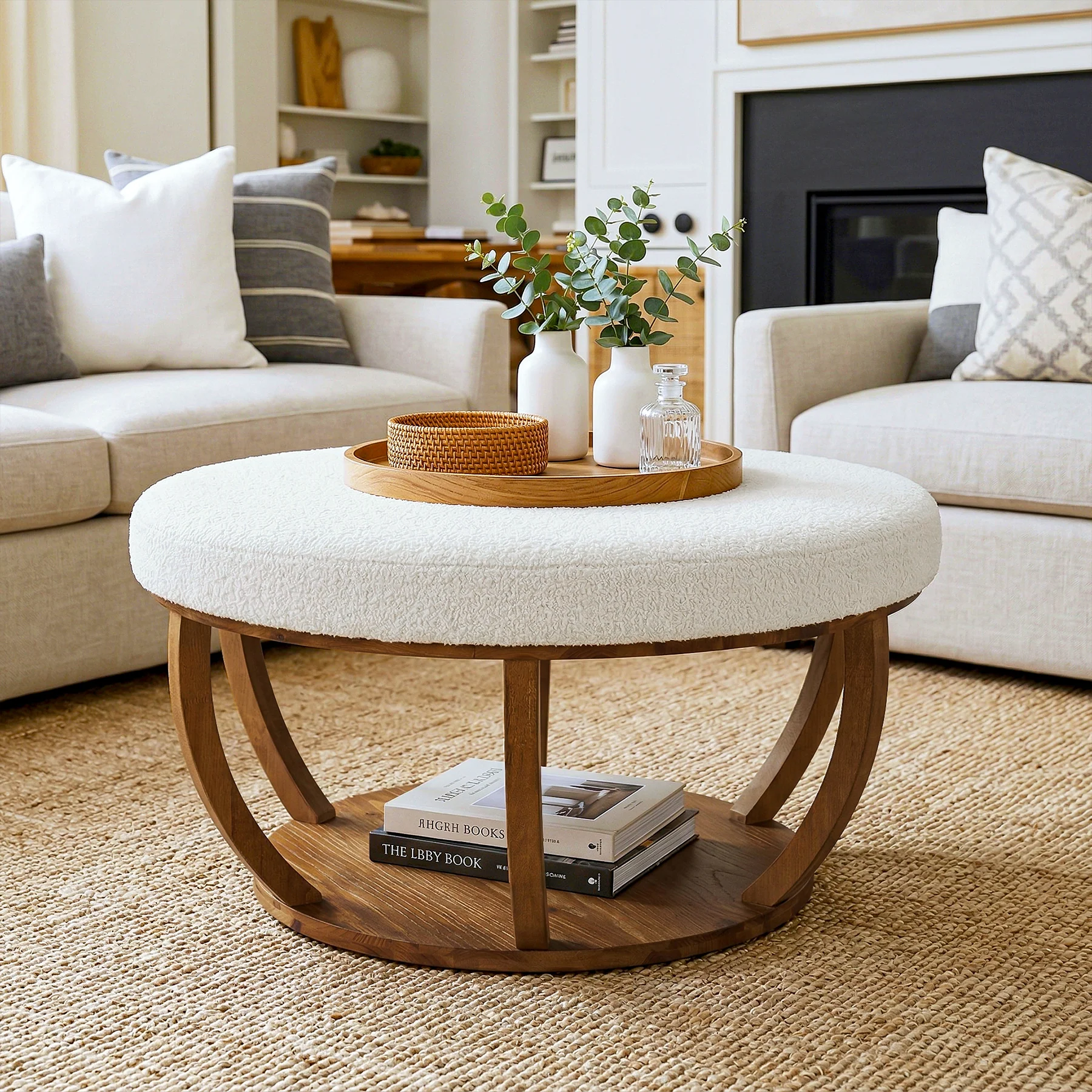 31.5" Round Coffee Table, Modern Footrest Ottoman Center Table with Solid Wood Frame - Image 5