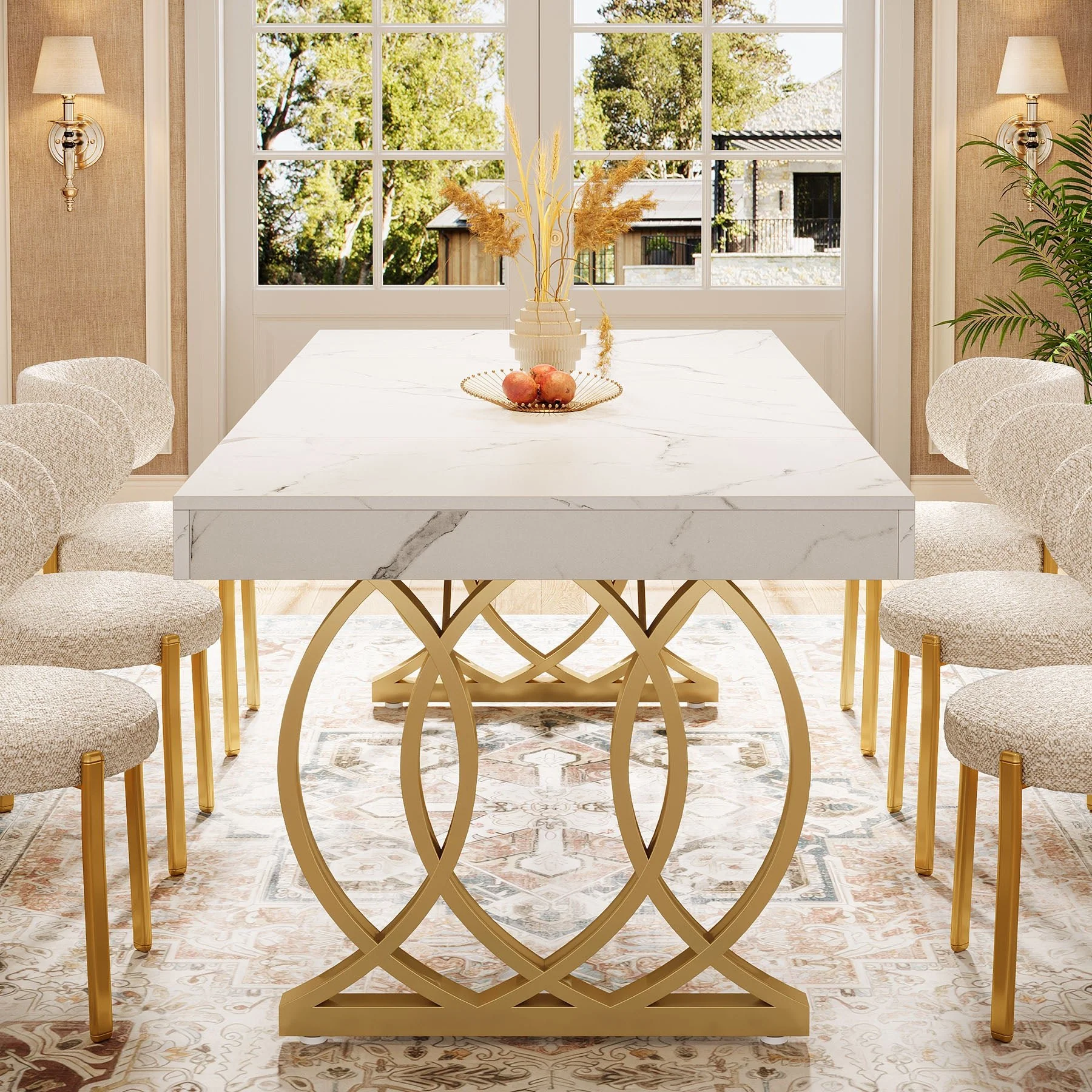 63" Dining Table, Modern Kitchen Table with Faux Marble Tabletop for 4-6 - Image 4