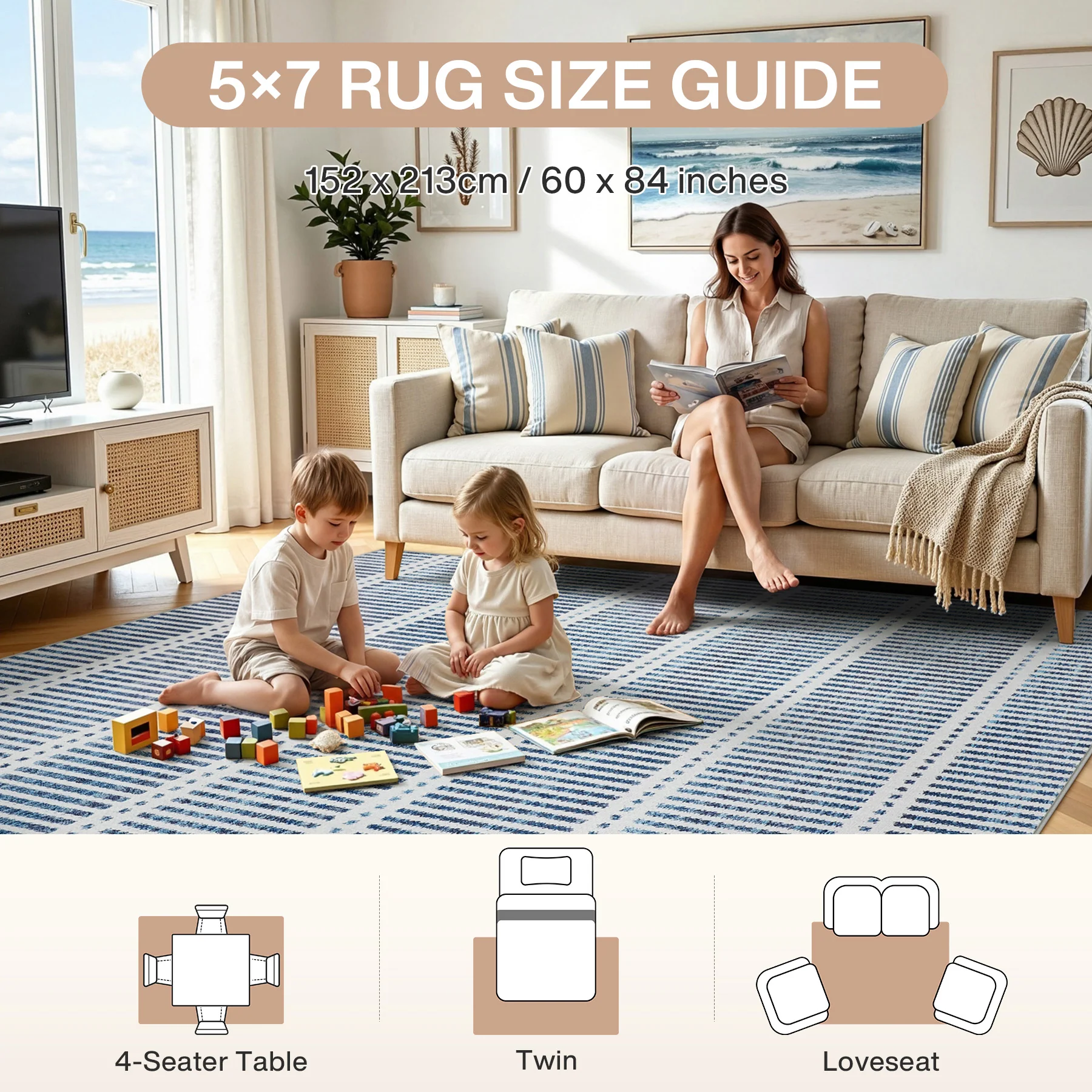 3x5/5x7 Ultra Thin Washable Area Rugs, Modern Non-Slip Striped Farmhouse Soft Indoor Carpet for Bedside Living Room, Oeko-Tex Certified - Image 23