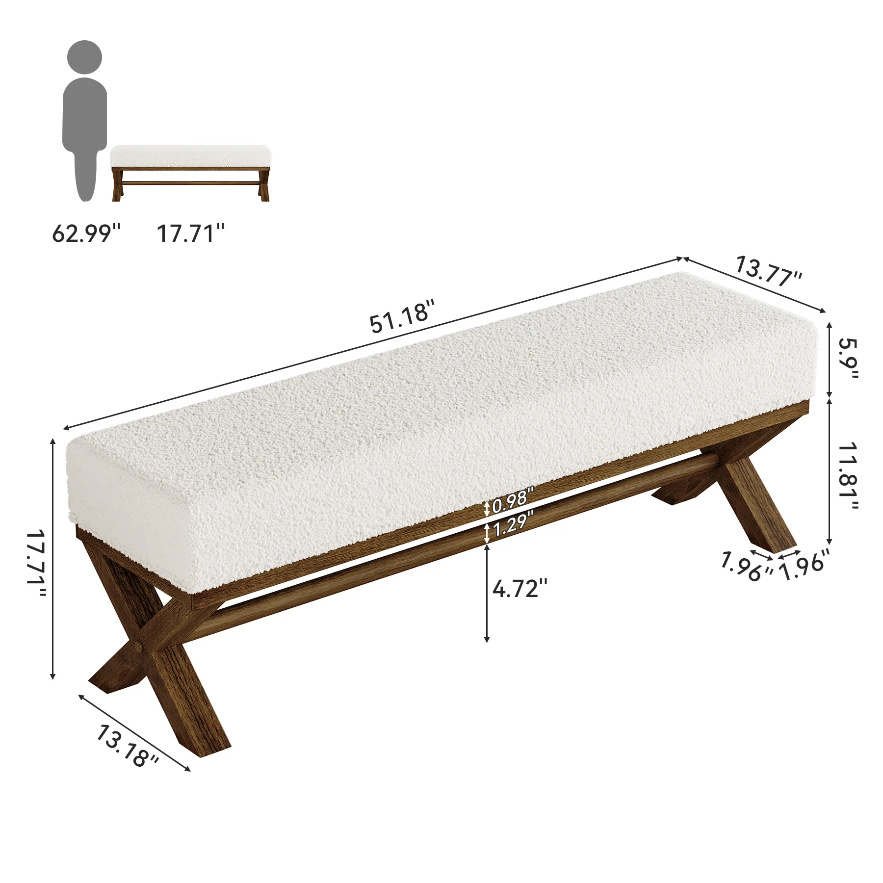 51" Upholstered Entryway Bench, Modern Solid Wood End of Bed Bench with Faux Shearling Padded Seat - Image 10