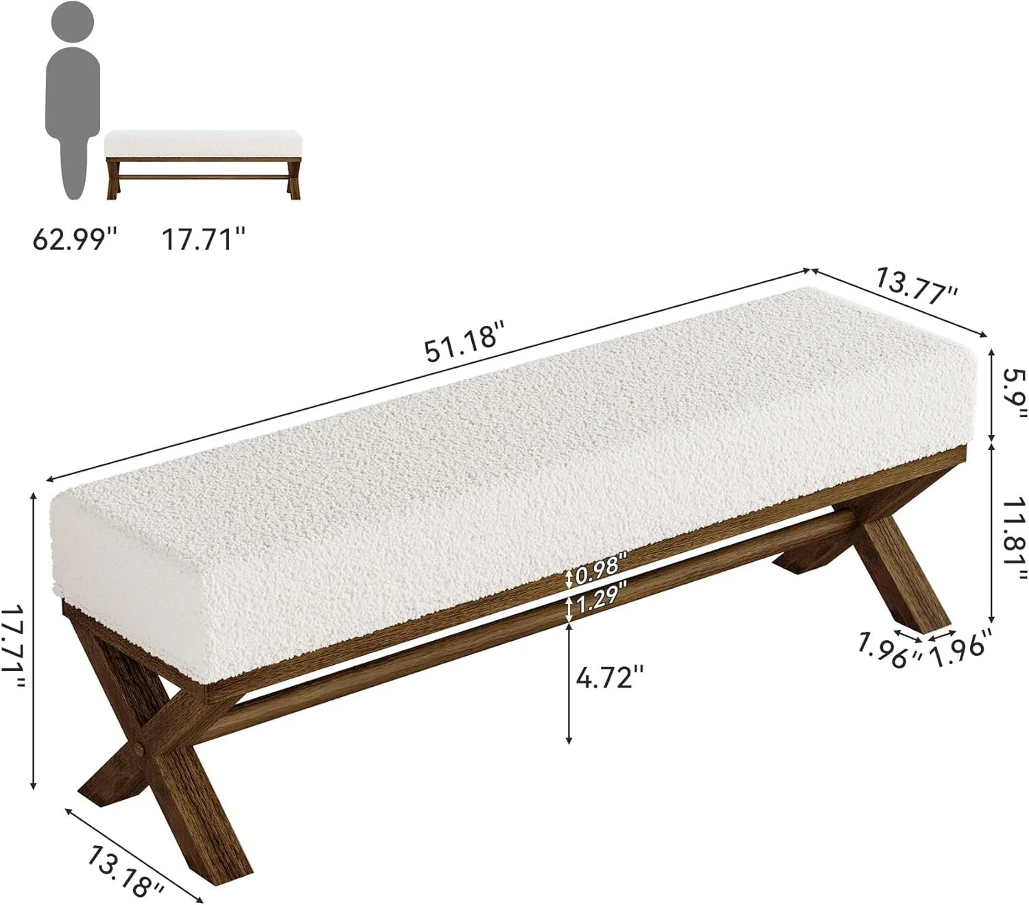 51" Upholstered Entryway Bench, Modern Solid Wood End of Bed Bench with Faux Shearling Padded Seat - Image 2