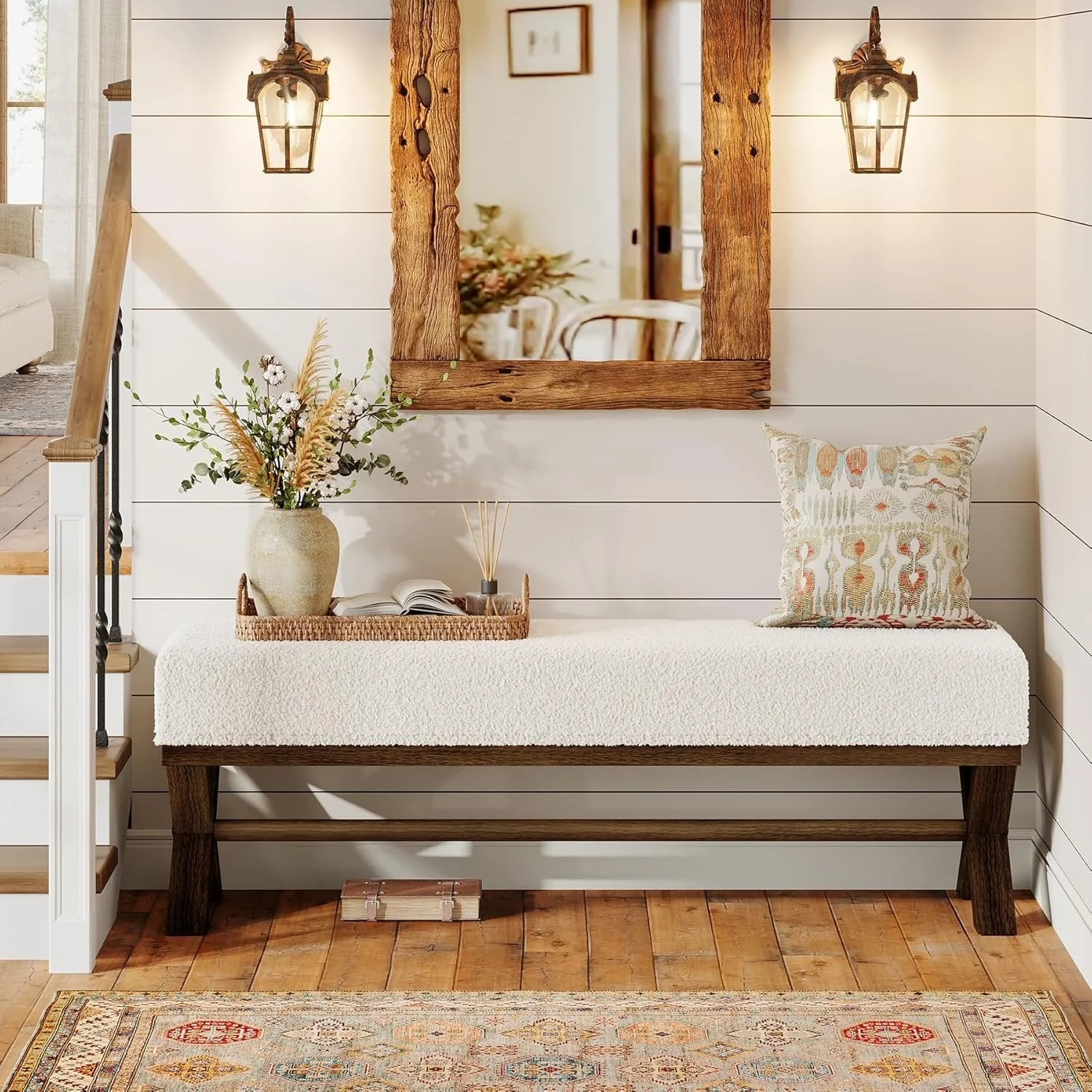 51" Upholstered Entryway Bench, Modern Solid Wood End of Bed Bench with Faux Shearling Padded Seat - Image 3