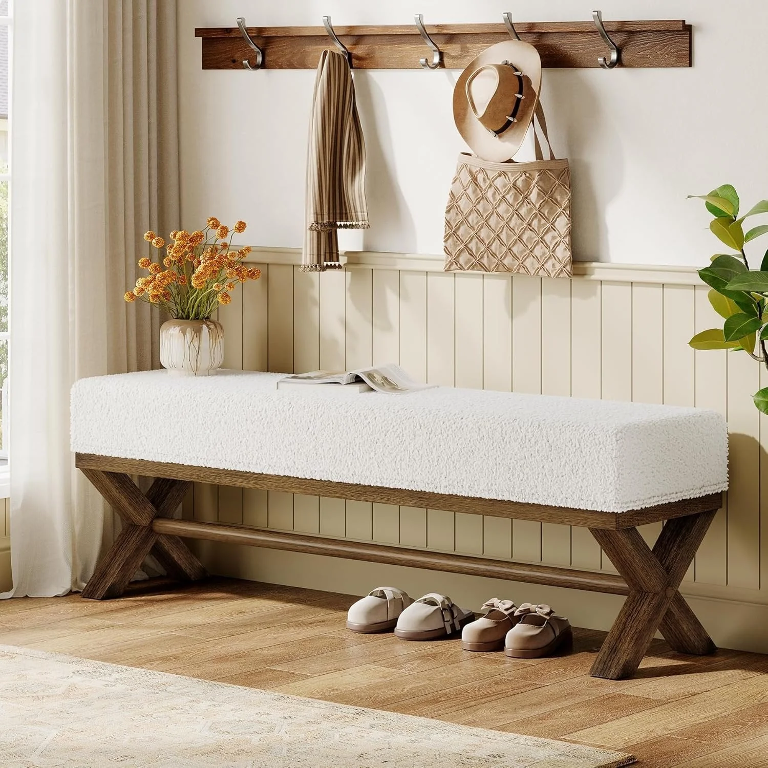 51" Upholstered Entryway Bench, Modern Solid Wood End of Bed Bench with Faux Shearling Padded Seat - Image 4