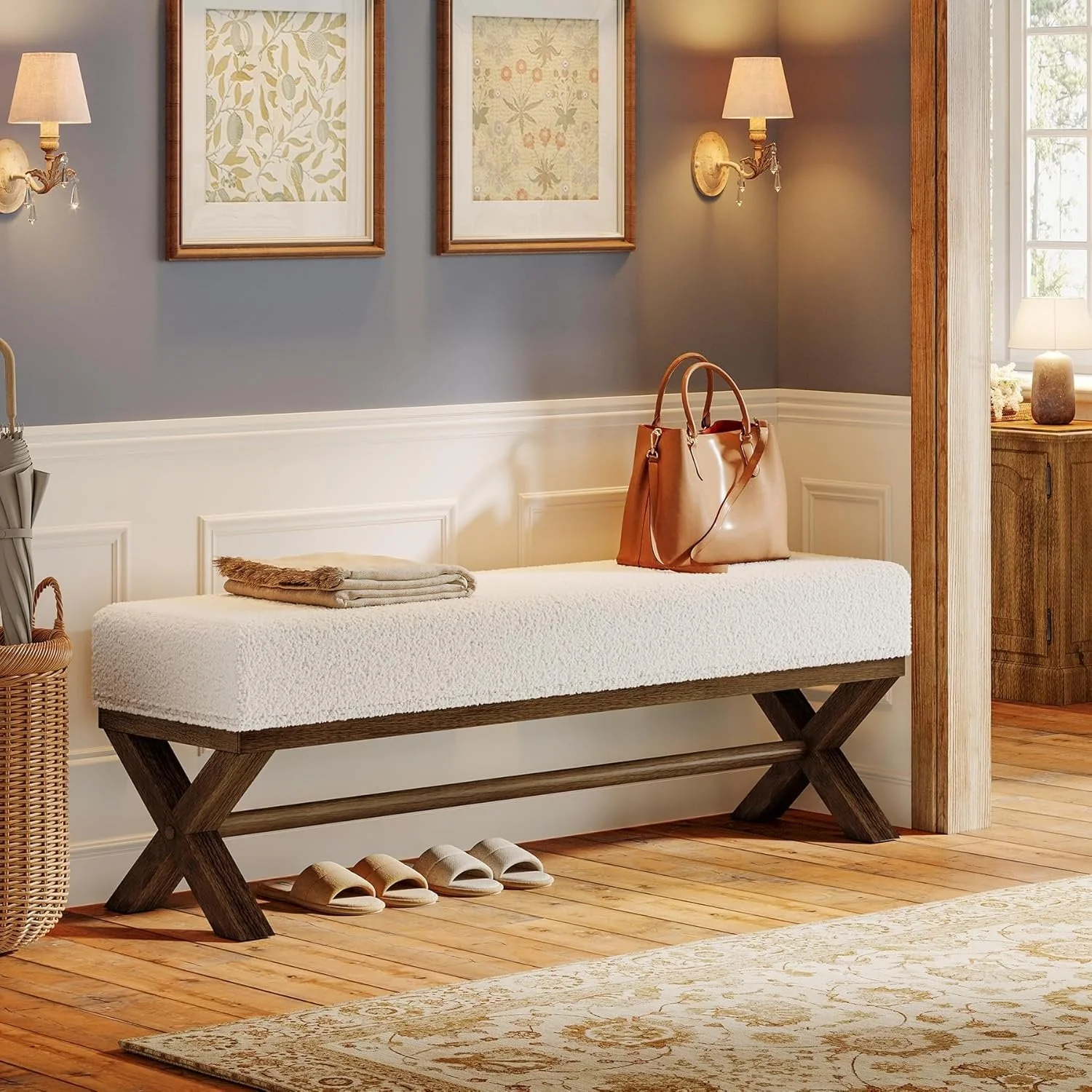 51" Upholstered Entryway Bench, Modern Solid Wood End of Bed Bench with Faux Shearling Padded Seat - Image 5