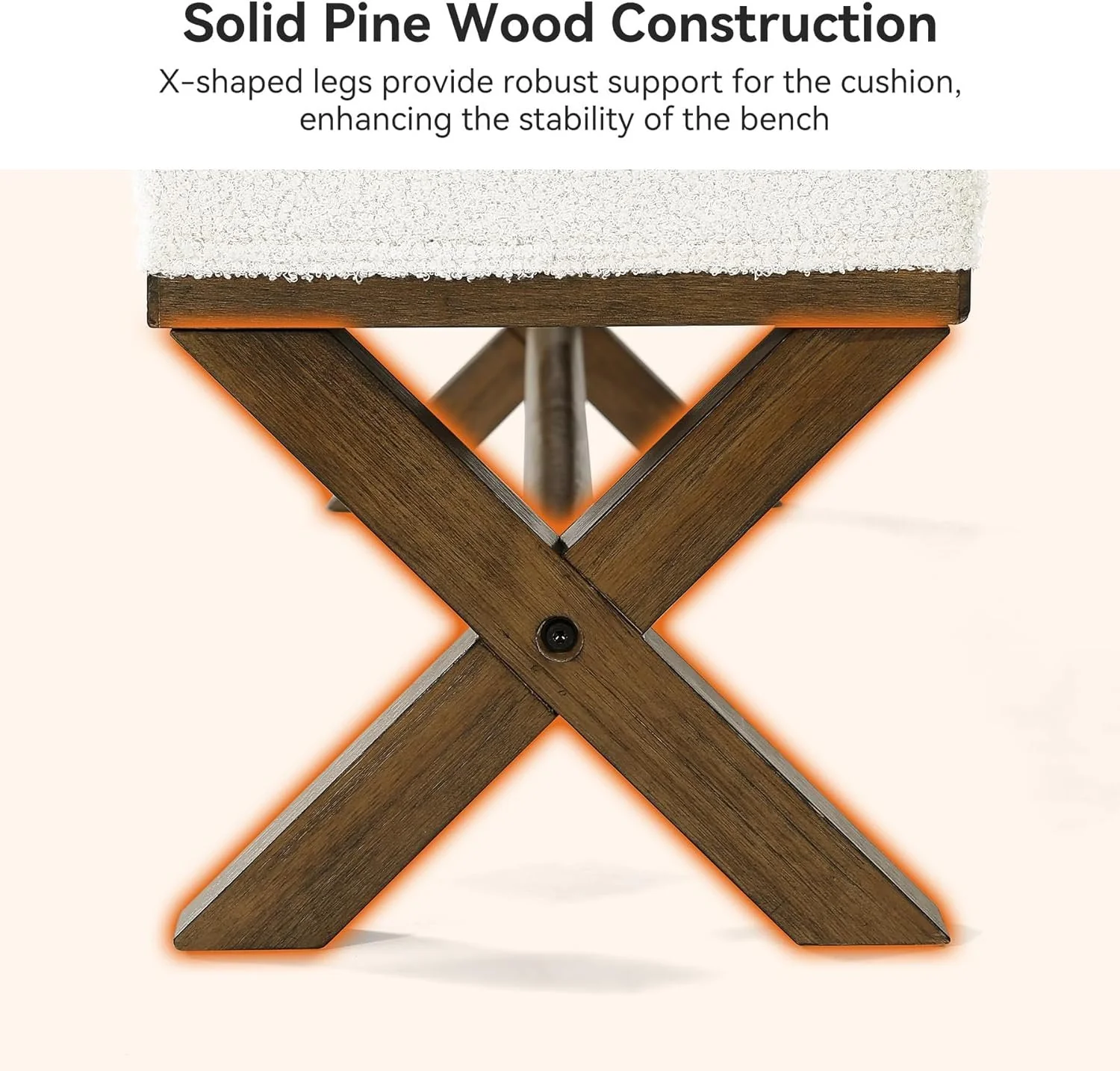 51" Upholstered Entryway Bench, Modern Solid Wood End of Bed Bench with Faux Shearling Padded Seat - Image 7