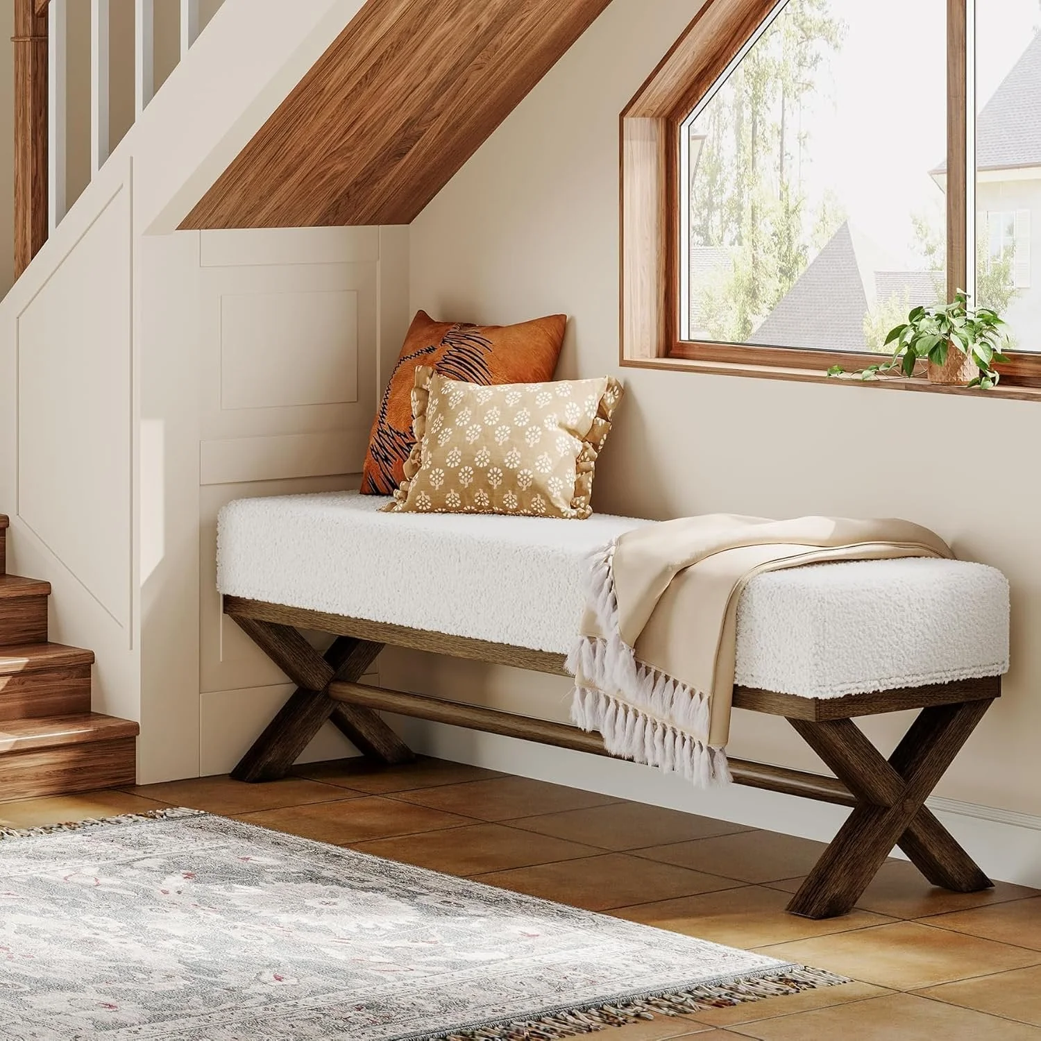 51" Upholstered Entryway Bench, Modern Solid Wood End of Bed Bench with Faux Shearling Padded Seat - Image 8
