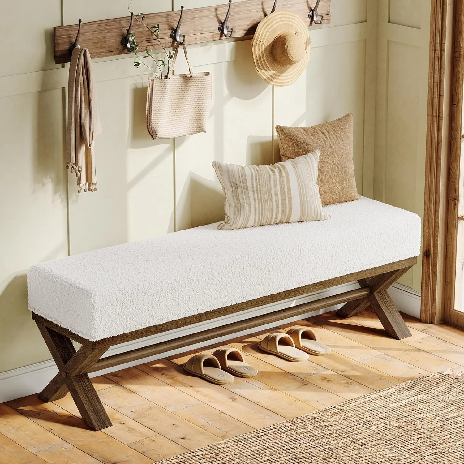 51" Upholstered Entryway Bench, Modern Solid Wood End of Bed Bench with Faux Shearling Padded Seat - Image 9