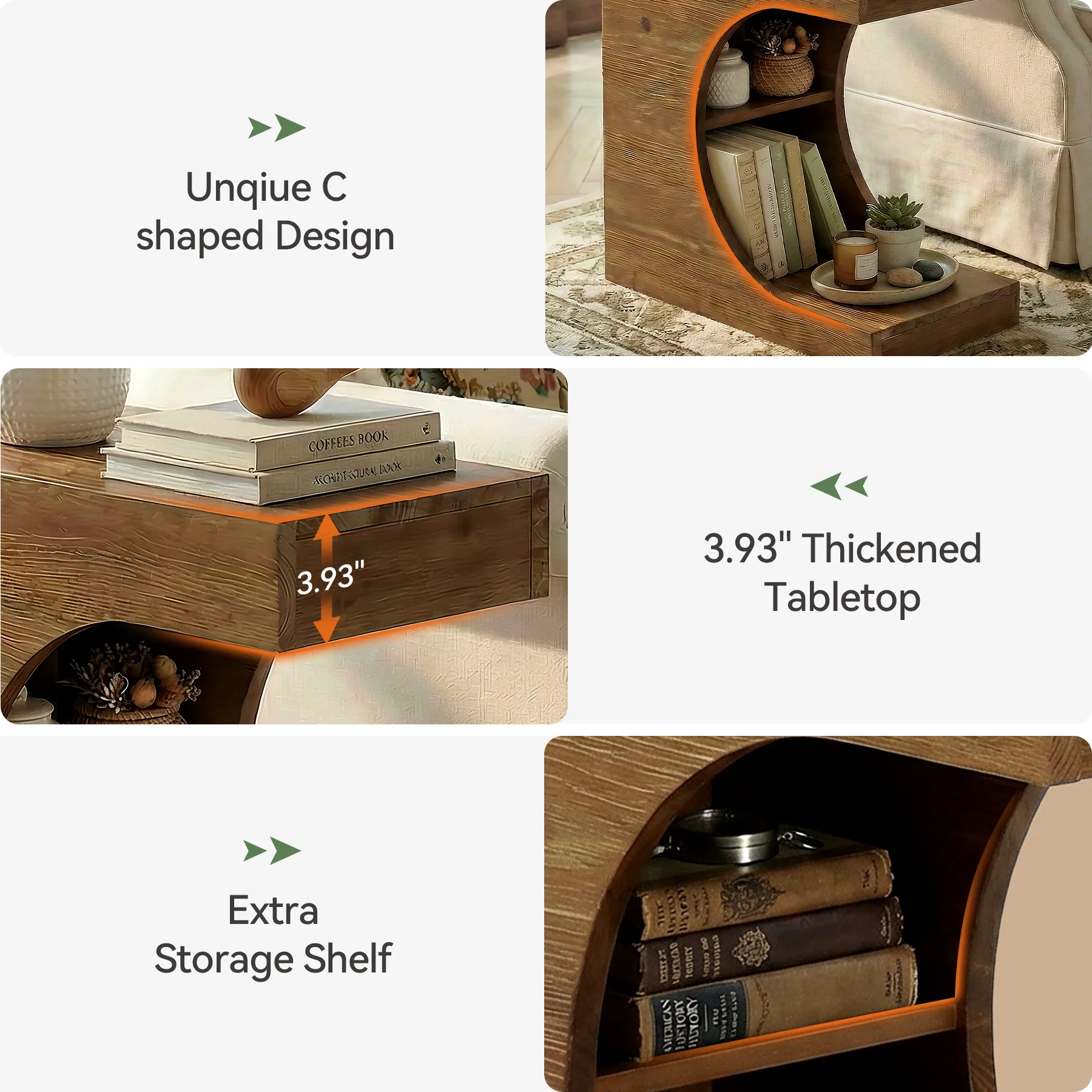 23.6" C-Shaped End Table, Modern Solid Wood Side Table Nightstand with 2-Tier Storage - Image 7