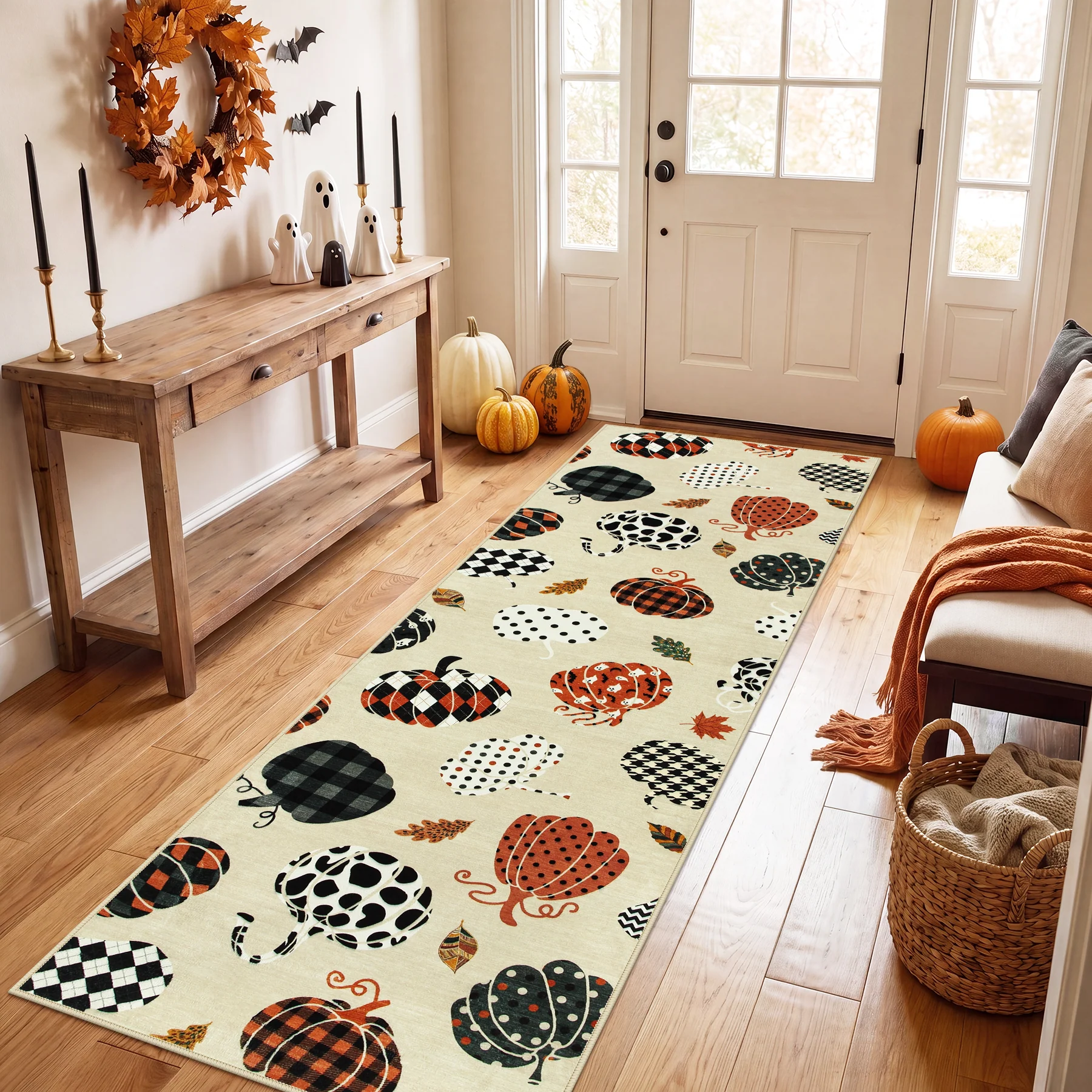 Multiple Sizes Fall Pumpkin Area Rug, Rectangular Washable Non-Slip Halloween Farmhouse Runner Rug - Image 12