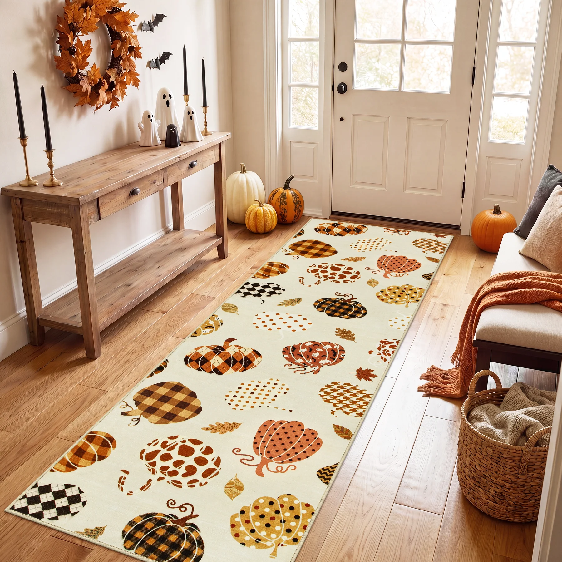 Multiple Sizes Fall Pumpkin Area Rug, Rectangular Washable Non-Slip Halloween Farmhouse Runner Rug - Image 27