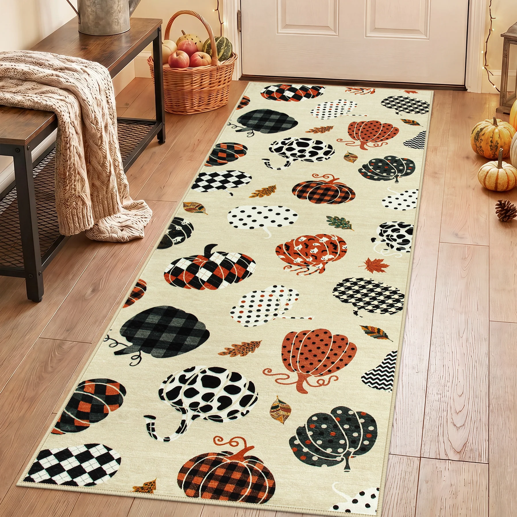Multiple Sizes Fall Pumpkin Area Rug, Rectangular Washable Non-Slip Halloween Farmhouse Runner Rug - Image 3
