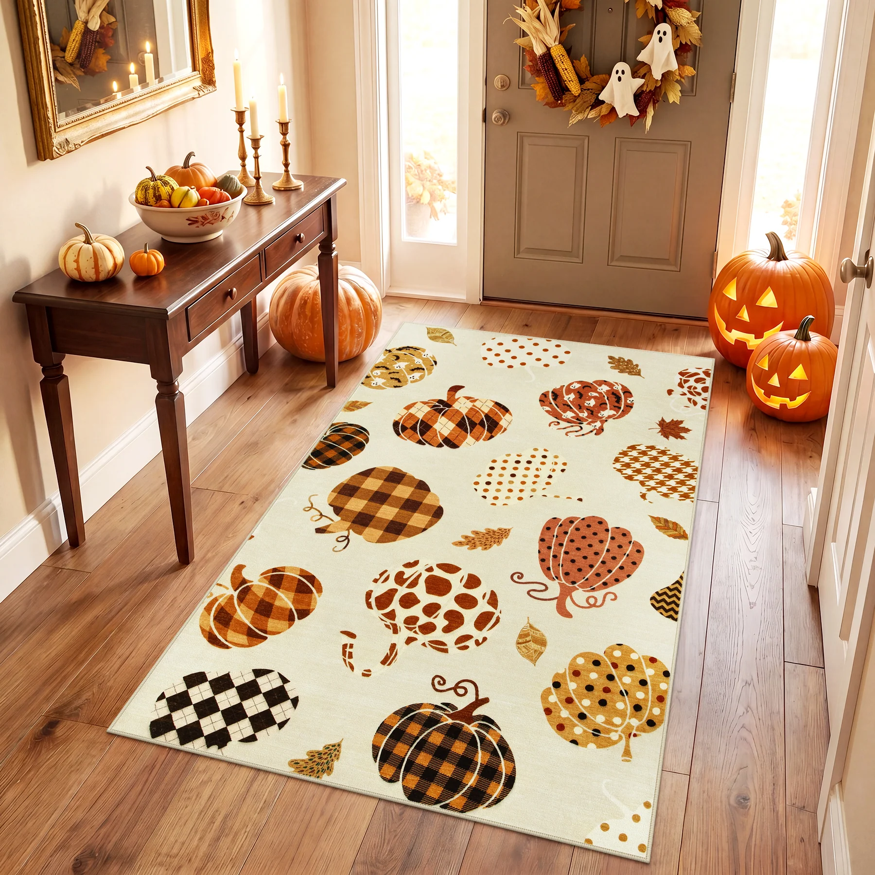 Multiple Sizes Fall Pumpkin Area Rug, Rectangular Washable Non-Slip Halloween Farmhouse Runner Rug - Image 32