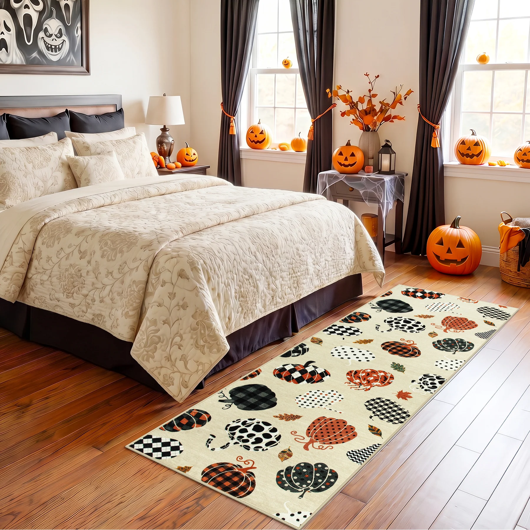 Multiple Sizes Fall Pumpkin Area Rug, Rectangular Washable Non-Slip Halloween Farmhouse Runner Rug - Image 4