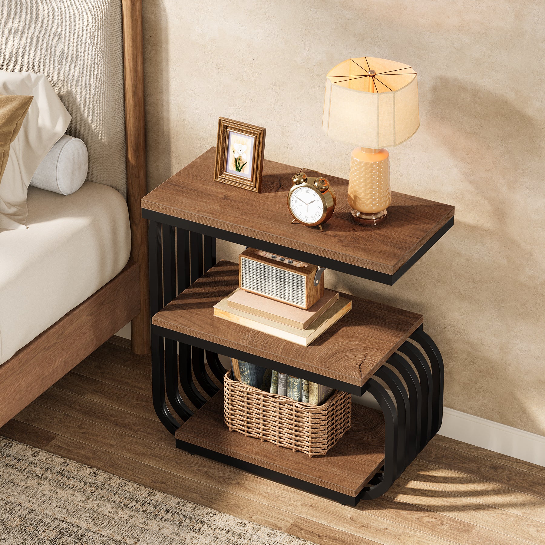 3-Tier Vintage Nightstand, Narrow Bedside Stand with Metal Frame - Image 10