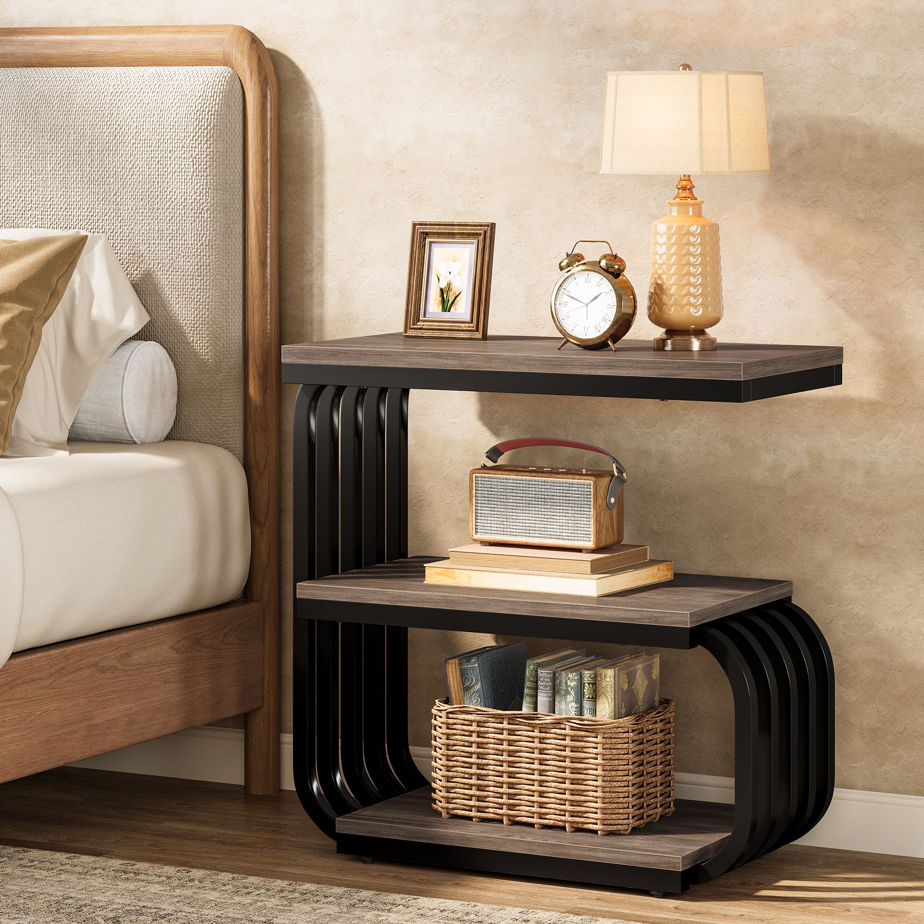 3-Tier Vintage Nightstand, Narrow Bedside Stand with Metal Frame - Image 11