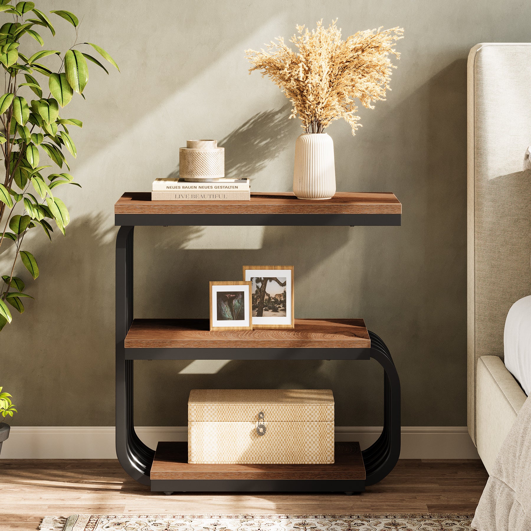 3-Tier Vintage Nightstand, Narrow Bedside Stand with Metal Frame - Image 3