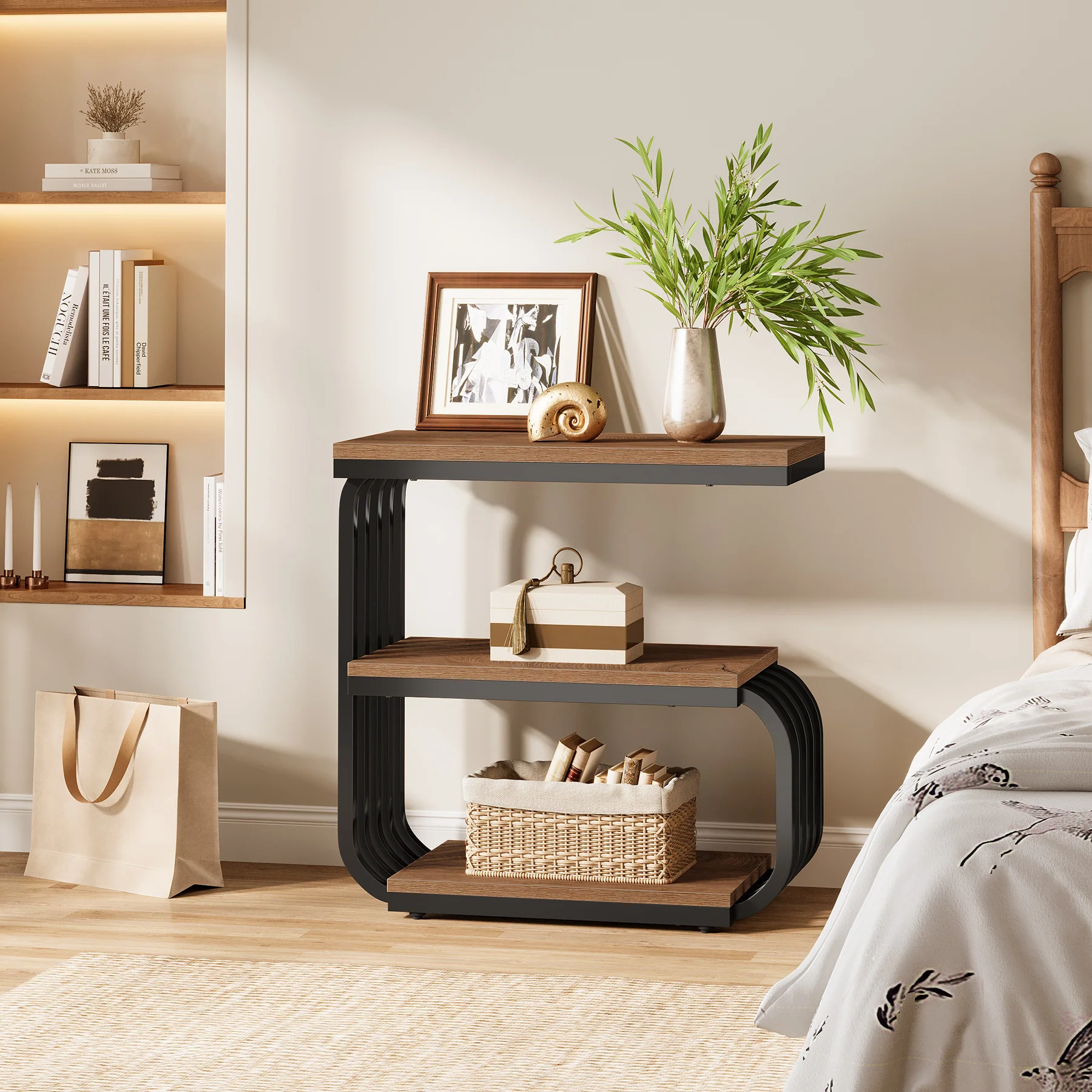 3-Tier Vintage Nightstand, Narrow Bedside Stand with Metal Frame - Image 4