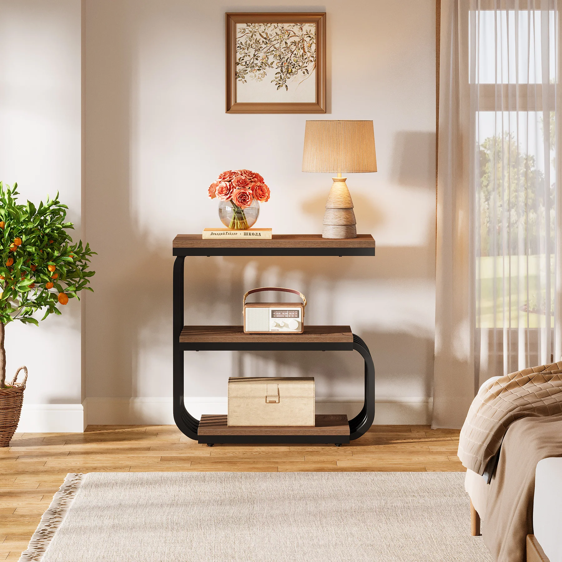 3-Tier Vintage Nightstand, Narrow Bedside Stand with Metal Frame - Image 5