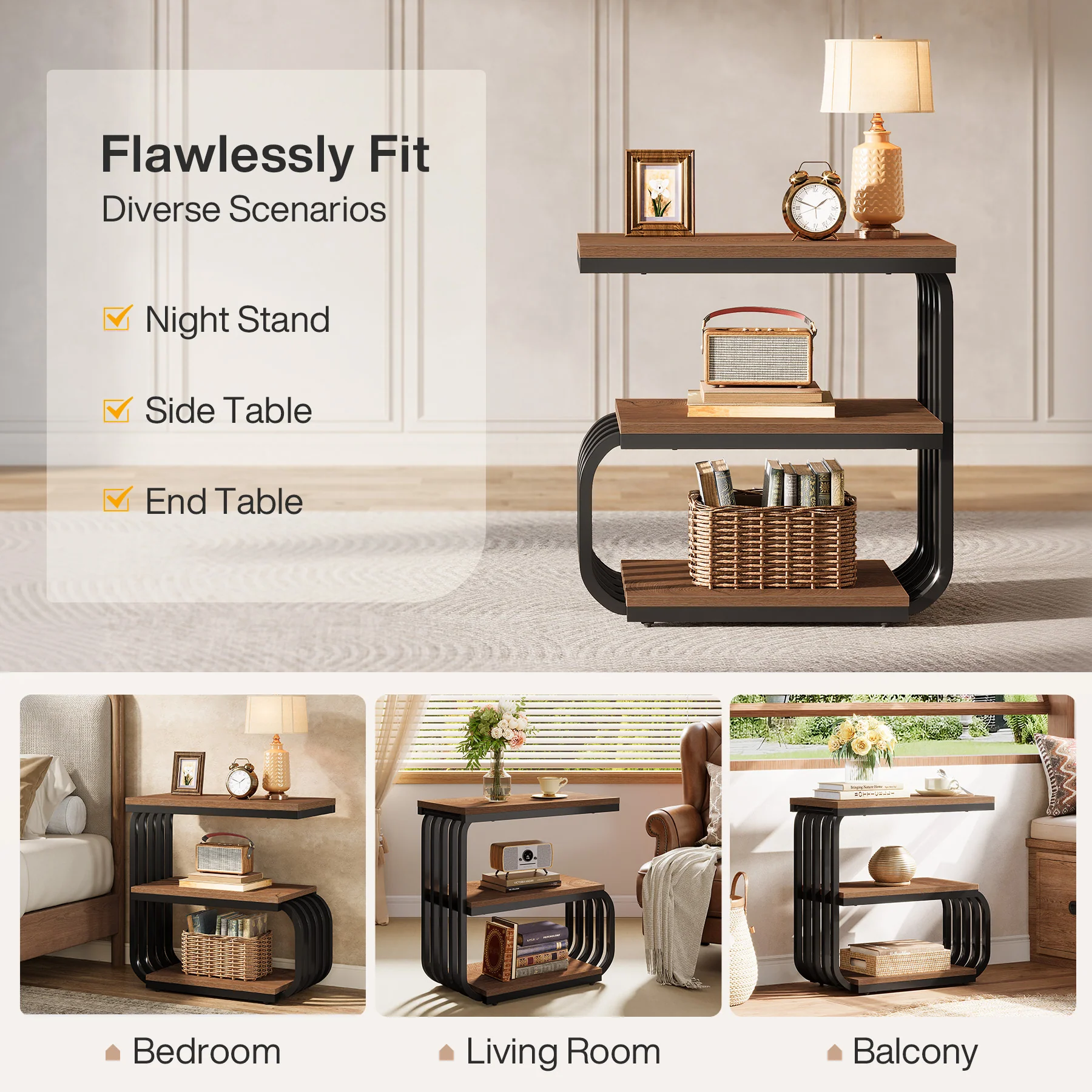 3-Tier Vintage Nightstand, Narrow Bedside Stand with Metal Frame - Image 8