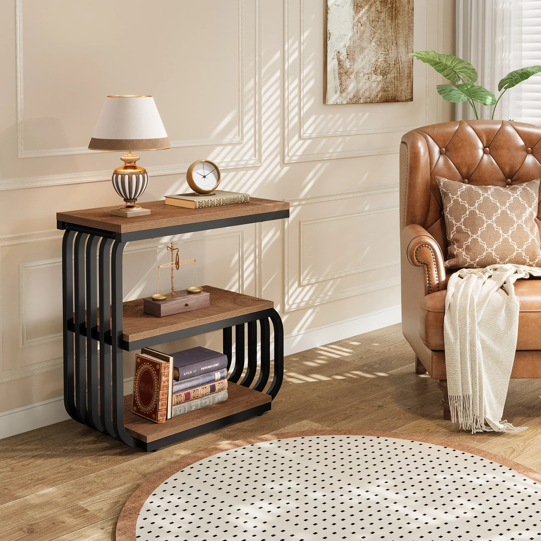 3-Tier Vintage Nightstand, Narrow Bedside Stand with Metal Frame - Image 9