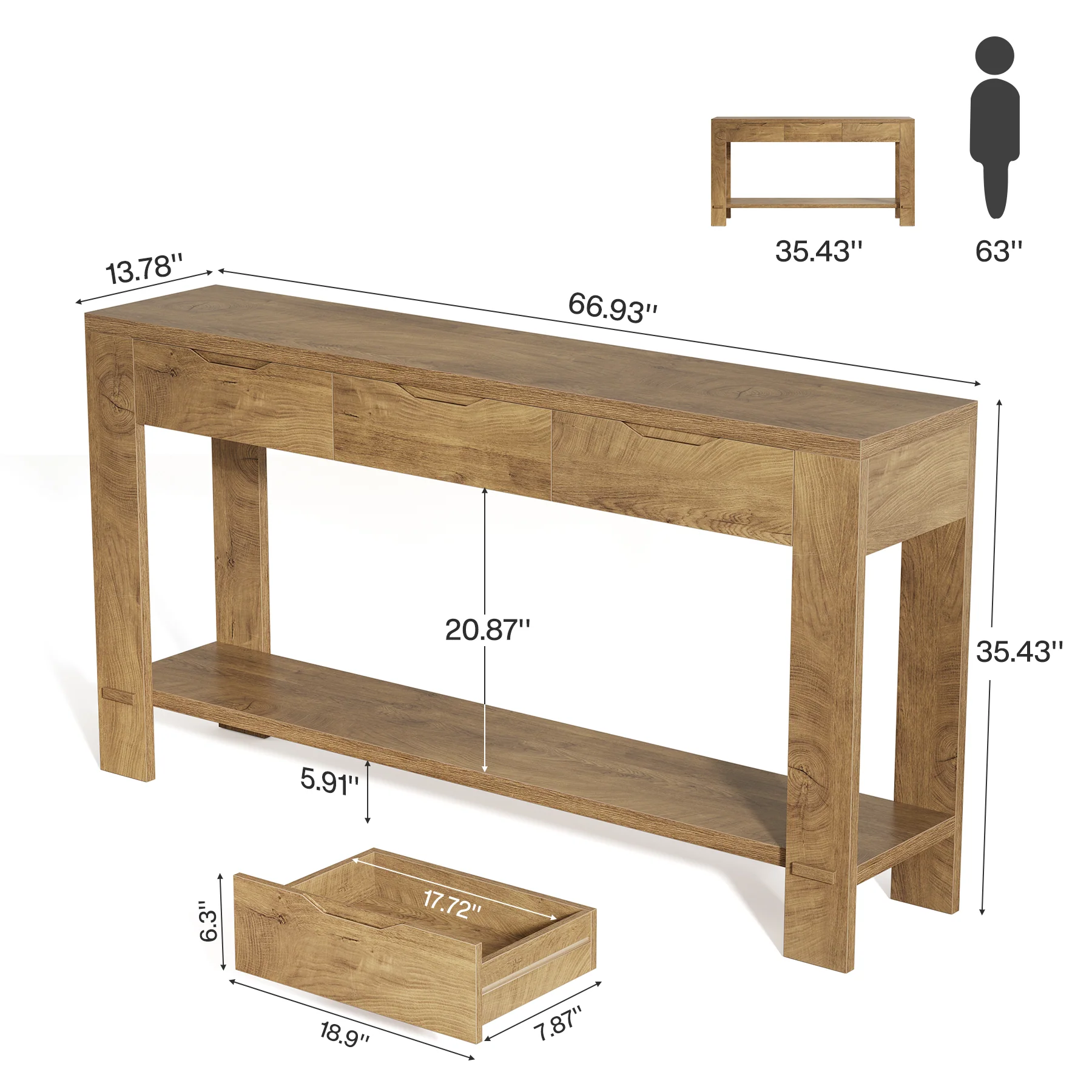 67“ Console Table, Narrow Farmhouse Entryway Table with 3 Storage Drawers - Image 2
