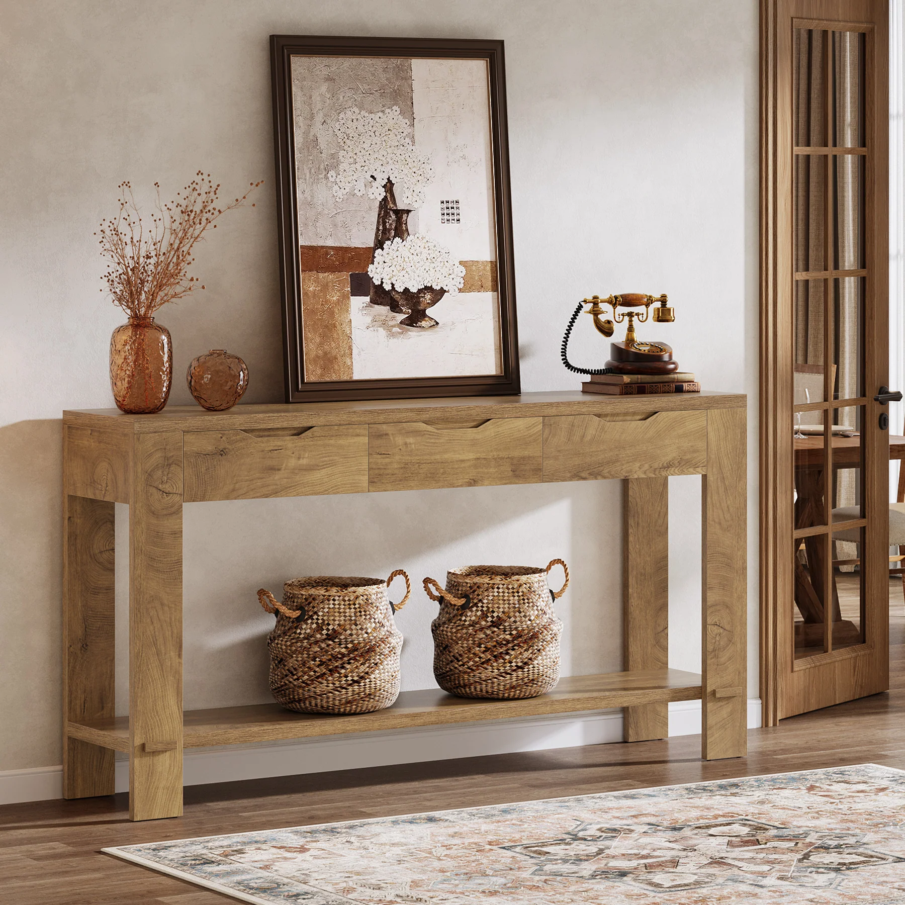 67“ Console Table, Narrow Farmhouse Entryway Table with 3 Storage Drawers - Image 3