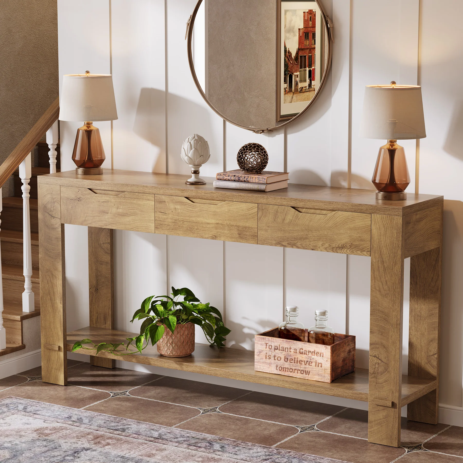 67“ Console Table, Narrow Farmhouse Entryway Table with 3 Storage Drawers - Image 4