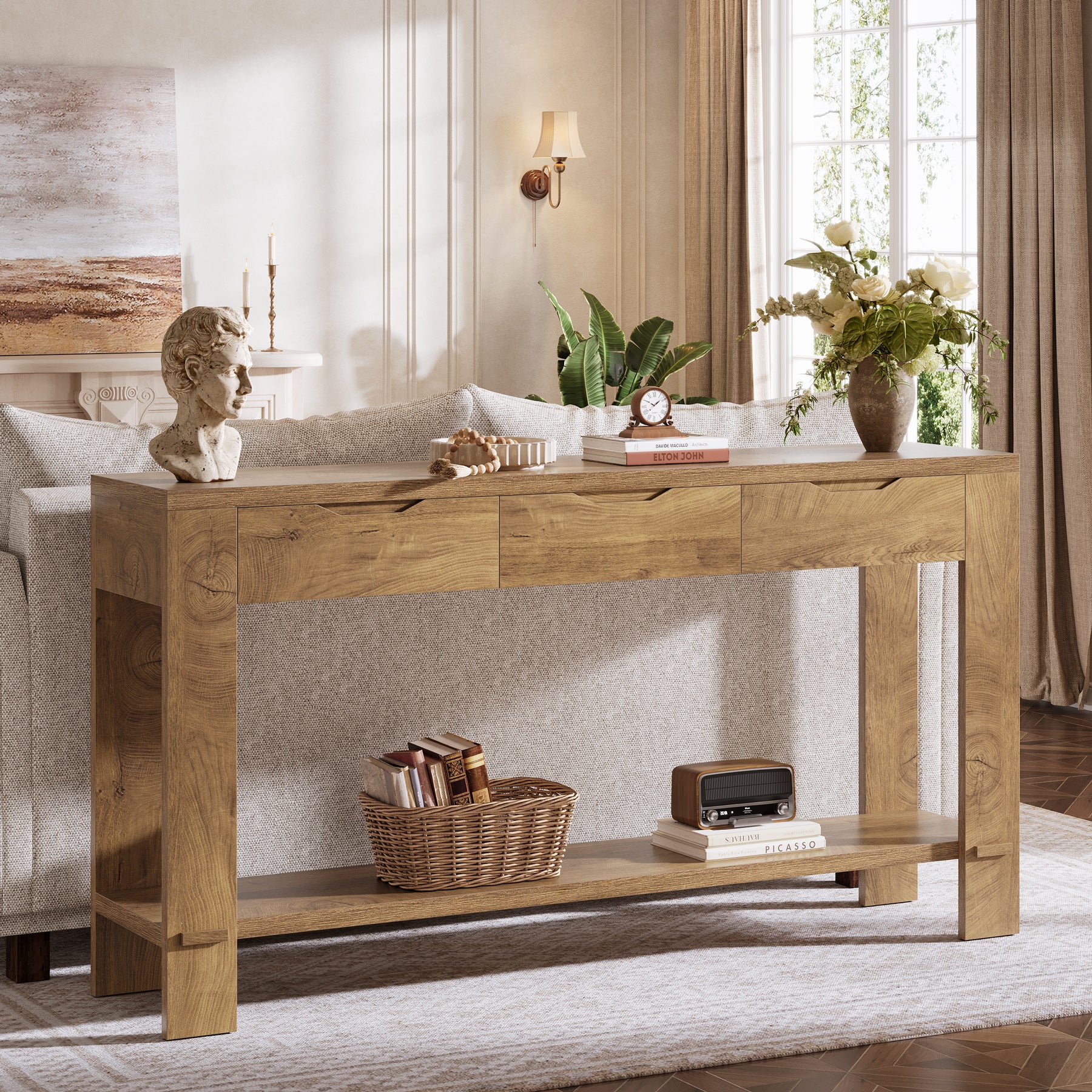 67“ Console Table, Narrow Farmhouse Entryway Table with 3 Storage Drawers - Image 5