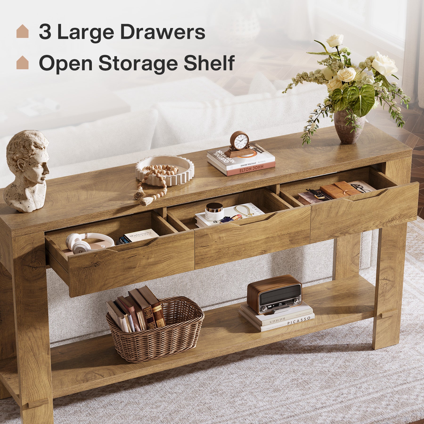 67“ Console Table, Narrow Farmhouse Entryway Table with 3 Storage Drawers - Image 6